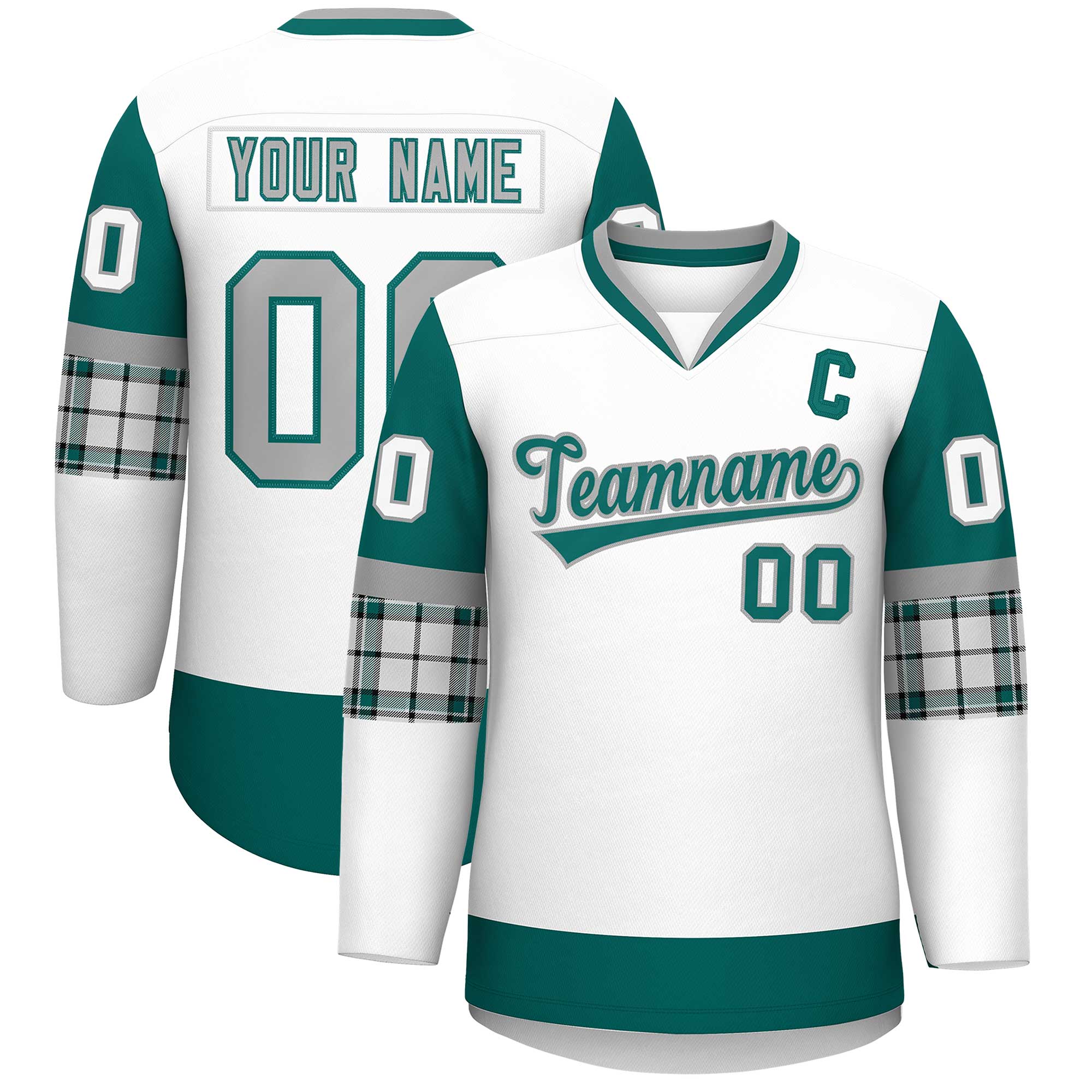 Custom White Aqua-Gray Personalized Raglan Sleeves V-Neck Hockey Jersey | KXKSHOP