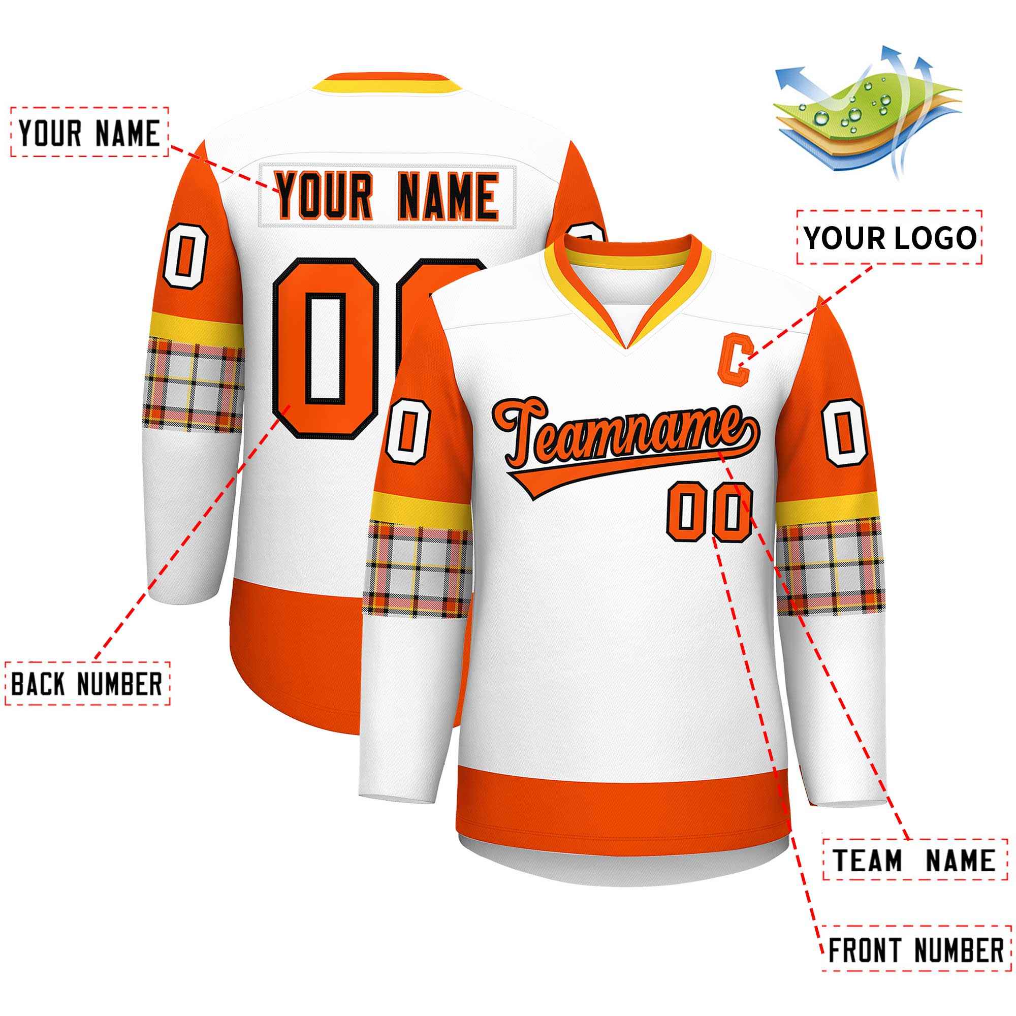 Custom White Orange-Yellow Personalized Raglan Sleeves V-Neck Hockey Jersey | KXKSHOP