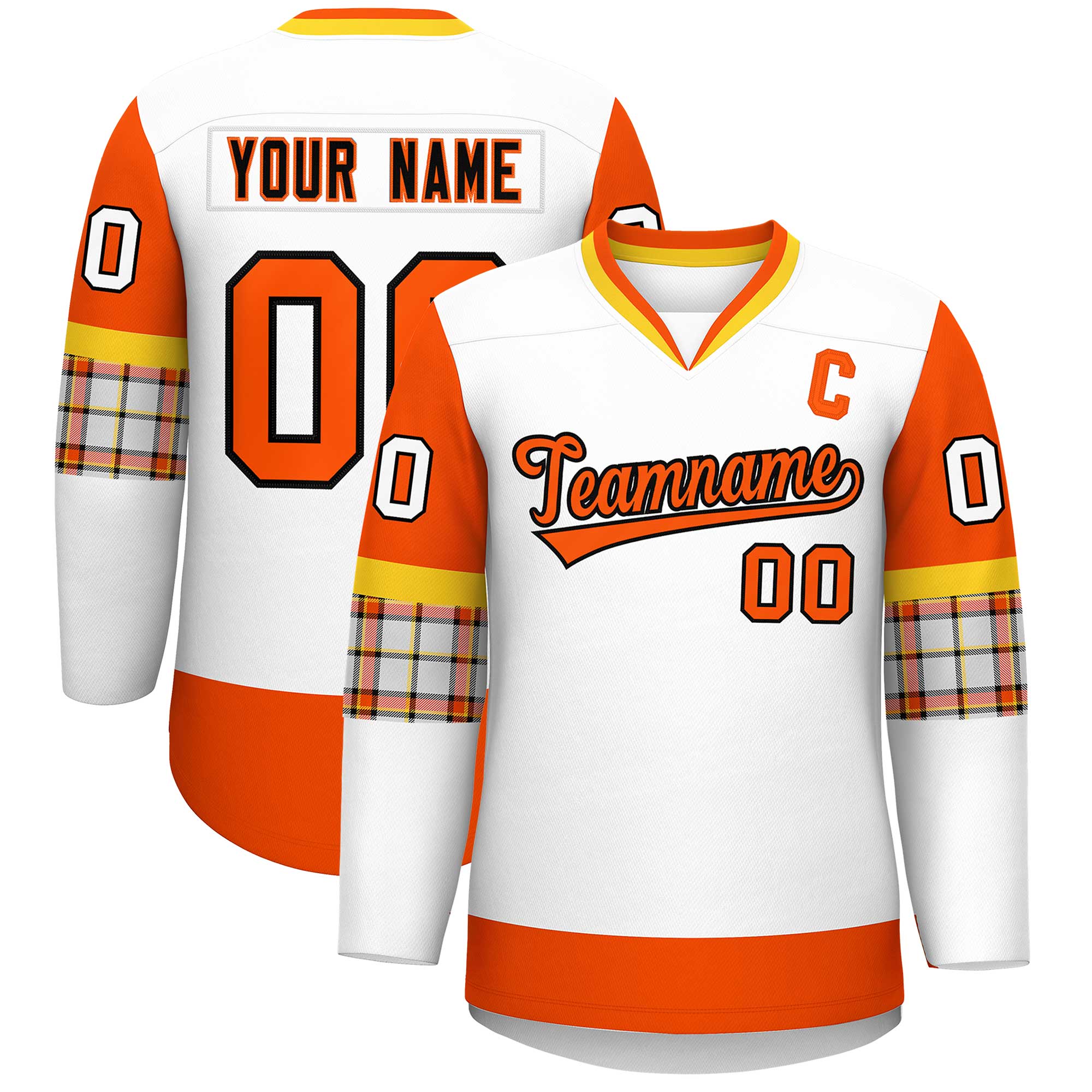 Custom White Orange-Yellow Personalized Raglan Sleeves V-Neck Hockey Jersey | KXKSHOP