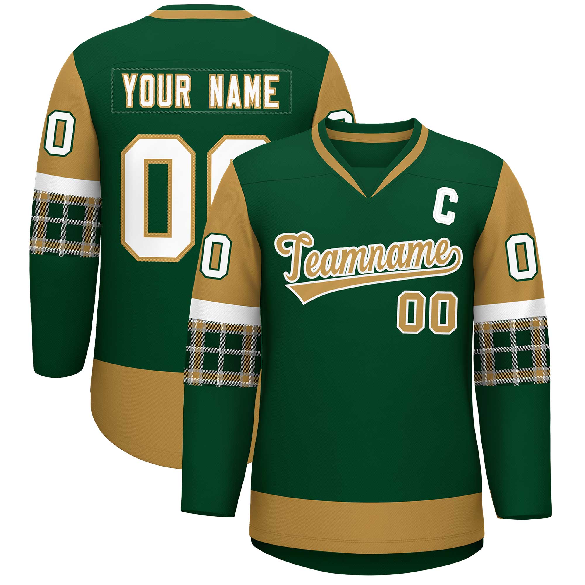 Custom Green Old Gold-White Personalized Raglan Sleeves V-Neck Hockey Jersey | KXKSHOP
