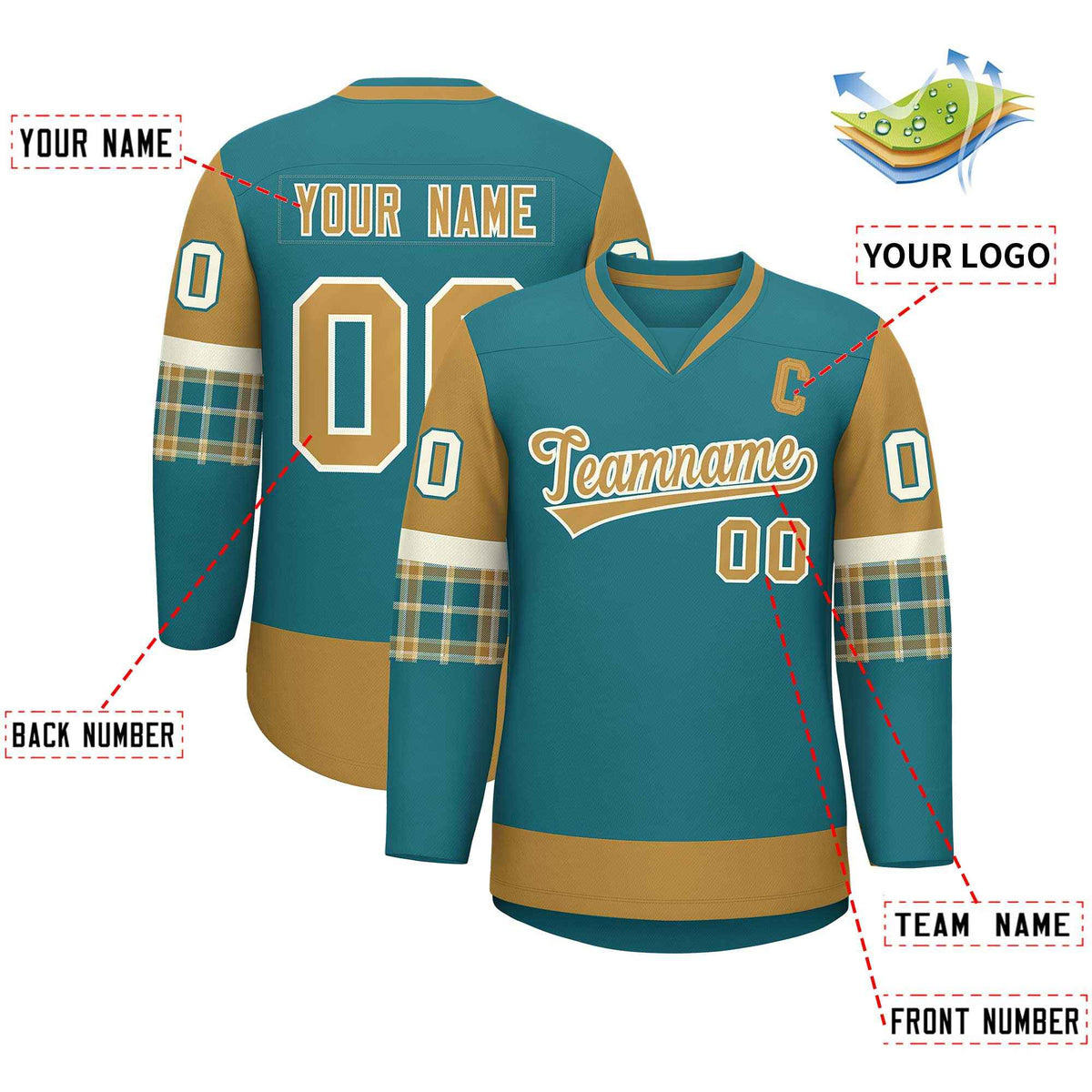 Custom Aqua Old Gold-Cream Personalized Raglan Sleeves V-Neck Hockey Jersey | KXKSHOP