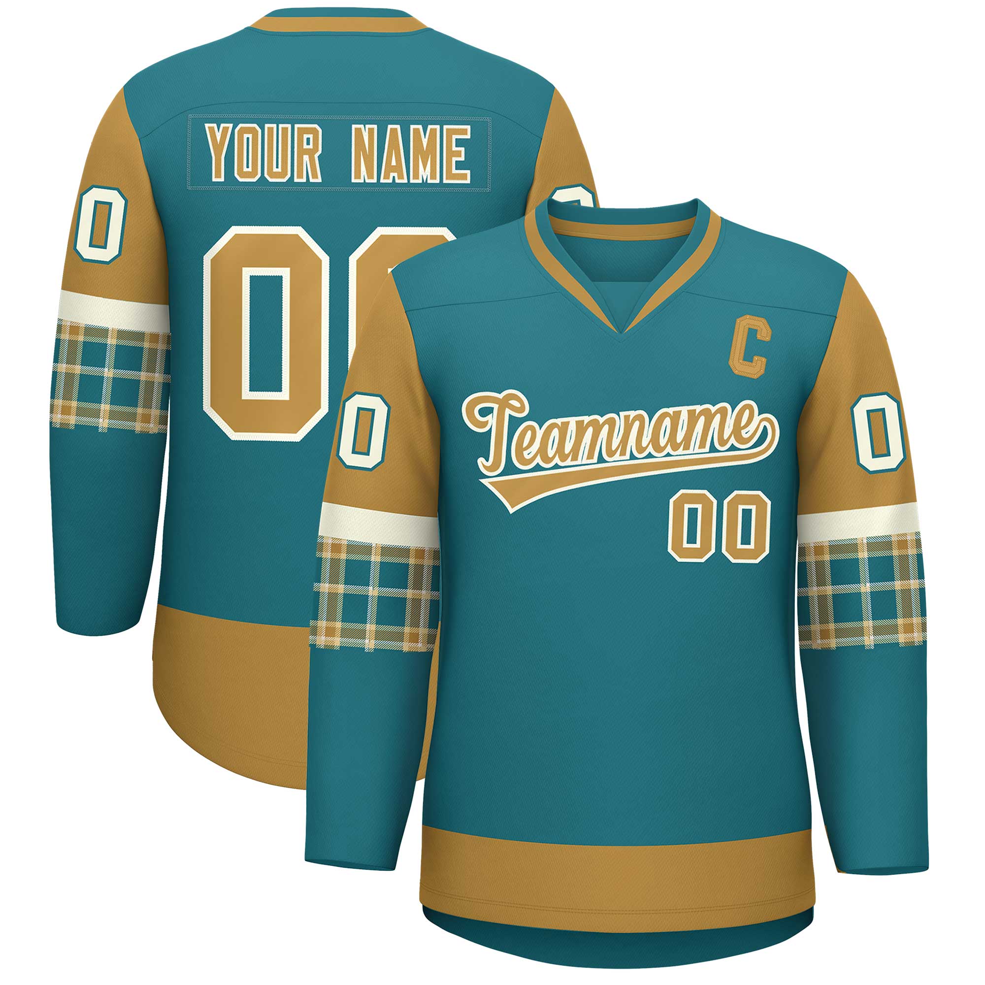Custom Aqua Old Gold-Cream Personalized Raglan Sleeves V-Neck Hockey Jersey | KXKSHOP