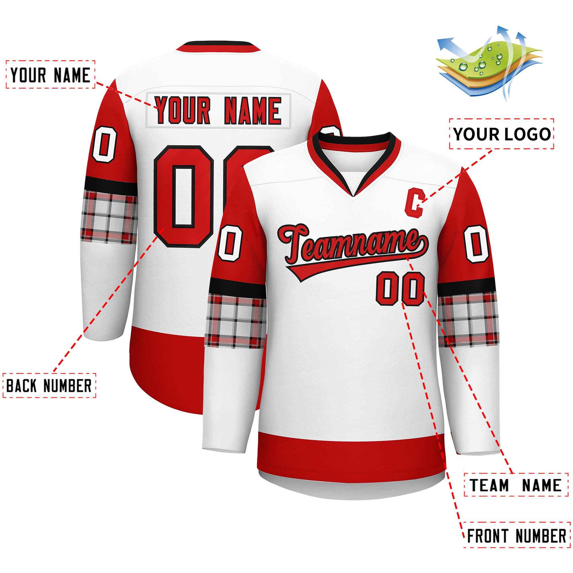 Custom White Red-Black Personalized Raglan Sleeves V-Neck Hockey Jersey | KXKSHOP
