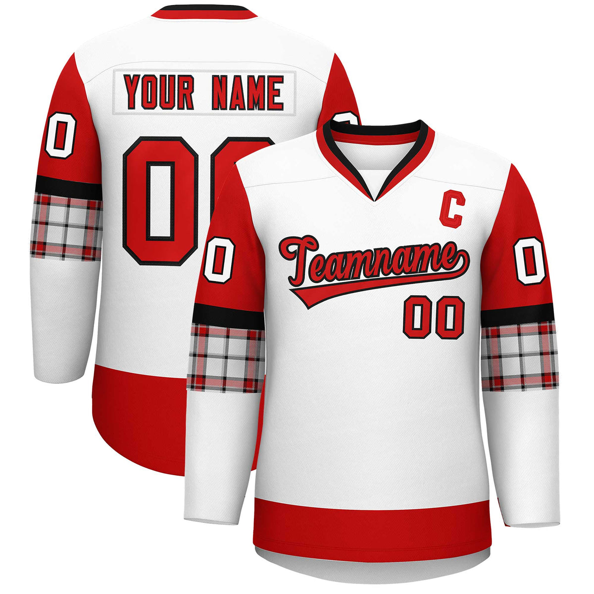 Custom White Red-Black Personalized Raglan Sleeves V-Neck Hockey Jersey | KXKSHOP