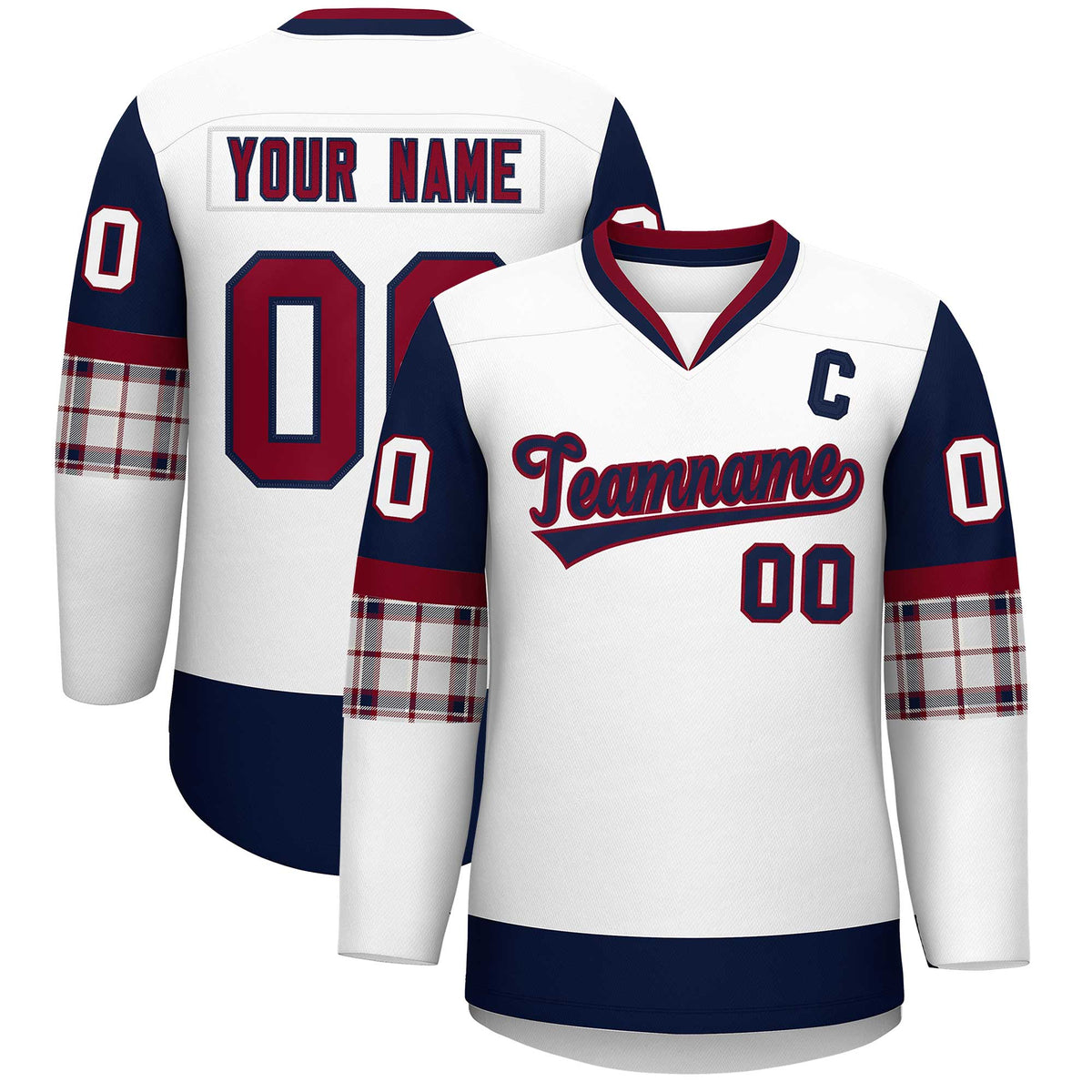 Custom White Navy-Crimson Personalized Raglan Sleeves V-Neck Hockey Jersey | KXKSHOP