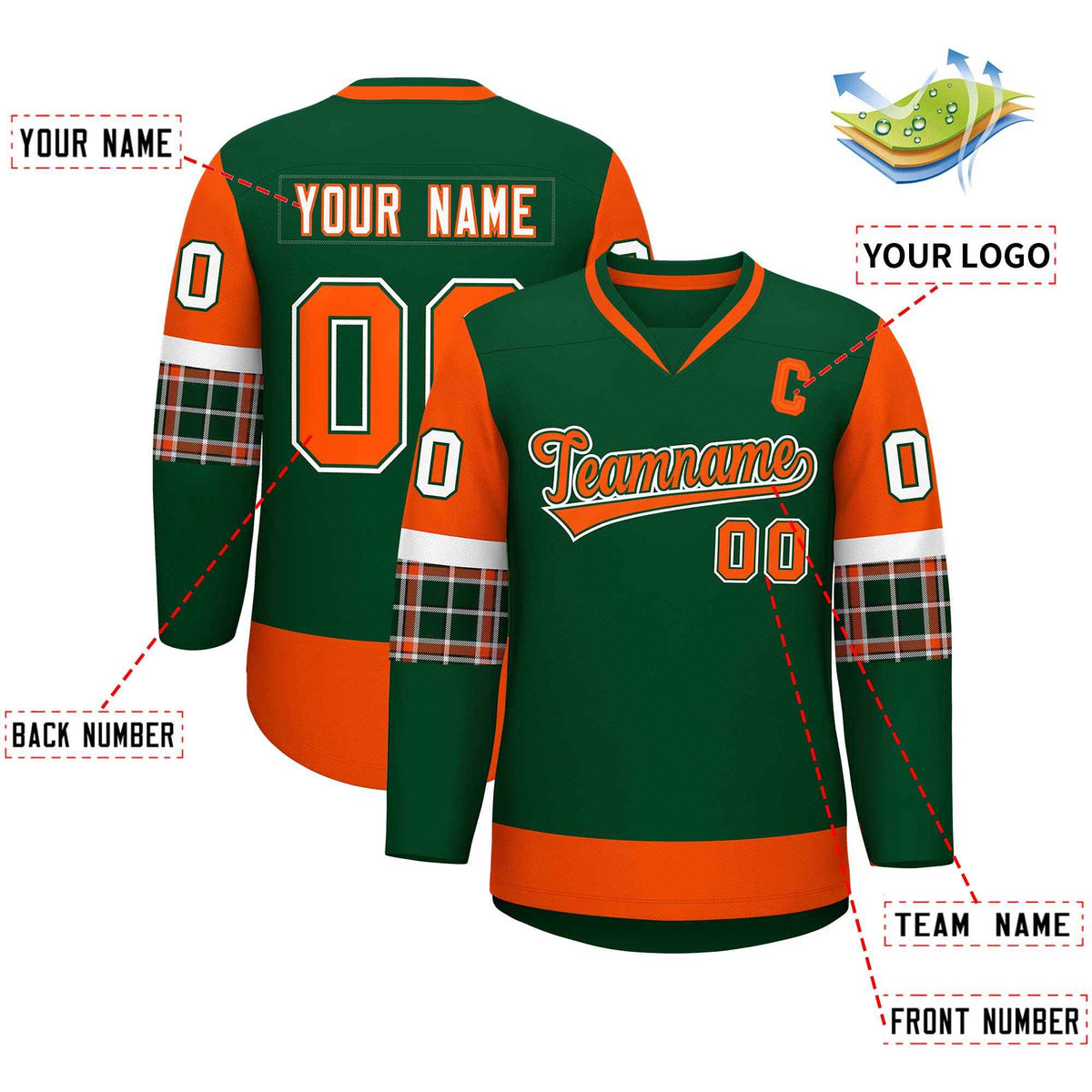 Custom Green Orange-White Personalized Raglan Sleeves V-Neck Hockey Jersey | KXKSHOP