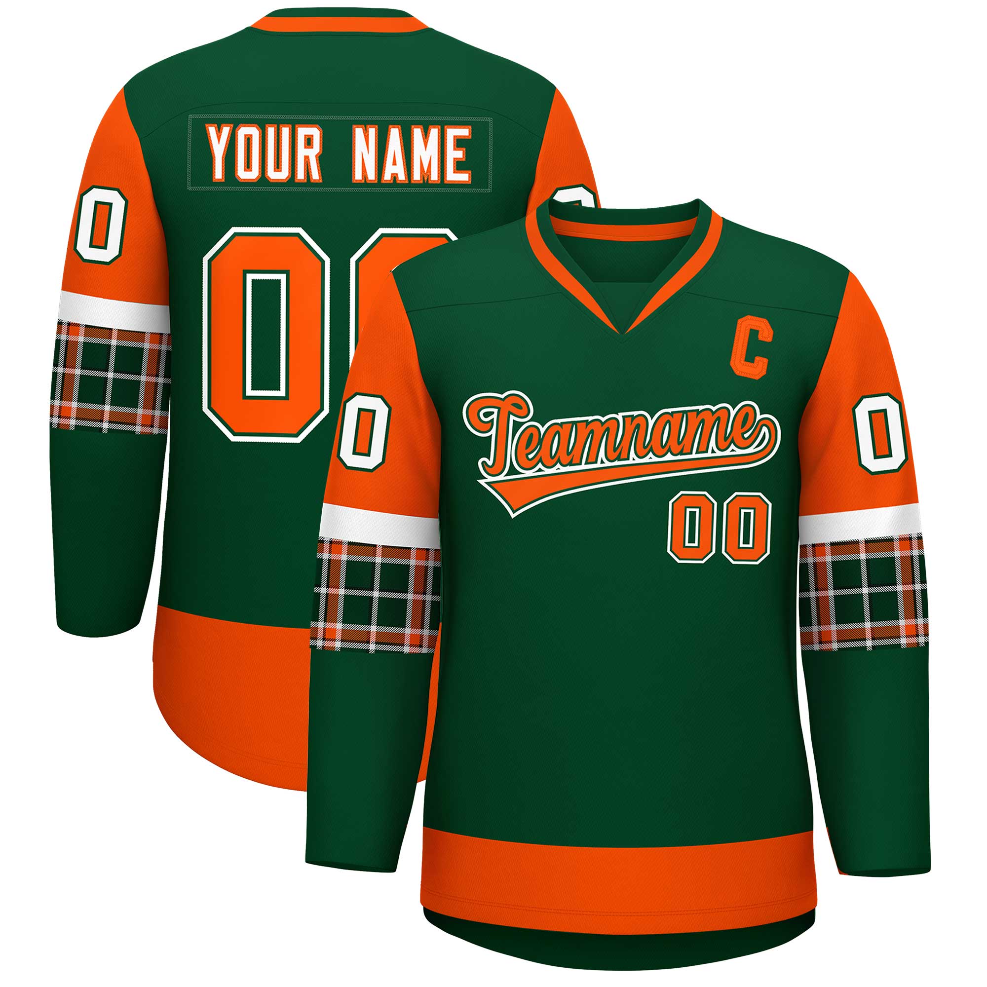 Custom Green Orange-White Personalized Raglan Sleeves V-Neck Hockey Jersey | KXKSHOP