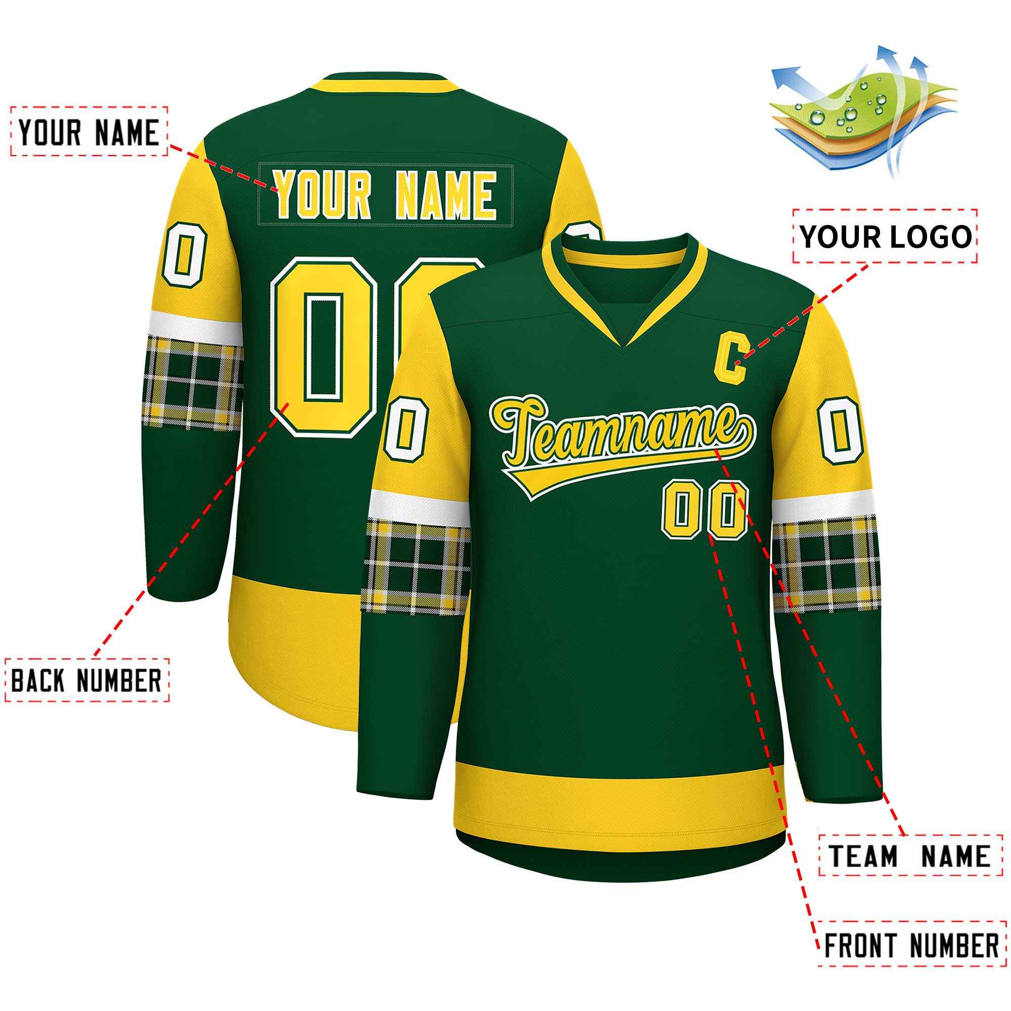 Custom Green Gold-White Personalized Raglan Sleeves V-Neck Hockey Jersey | KXKSHOP