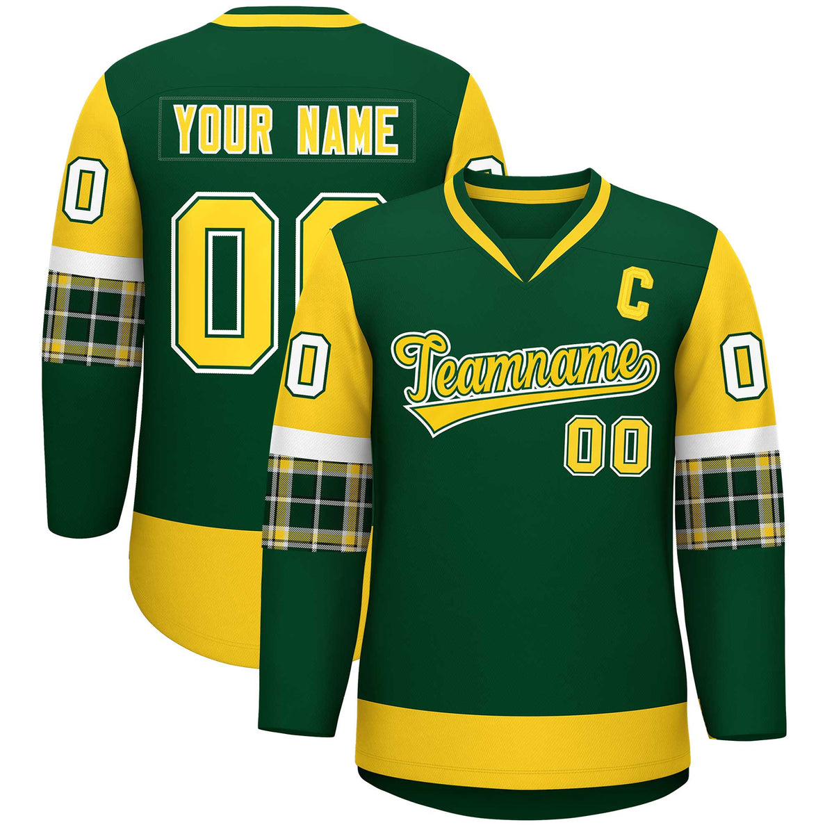 Custom Green Gold-White Personalized Raglan Sleeves V-Neck Hockey Jersey | KXKSHOP