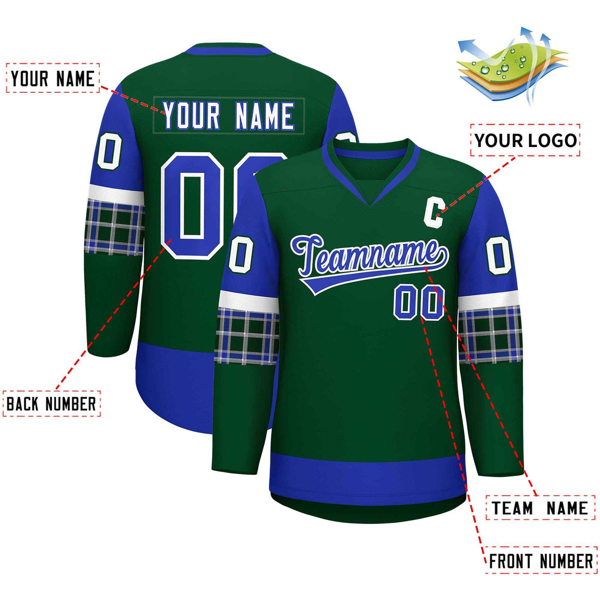 Custom Green Royal-White Personalized Raglan Sleeves V-Neck Hockey Jersey | KXKSHOP