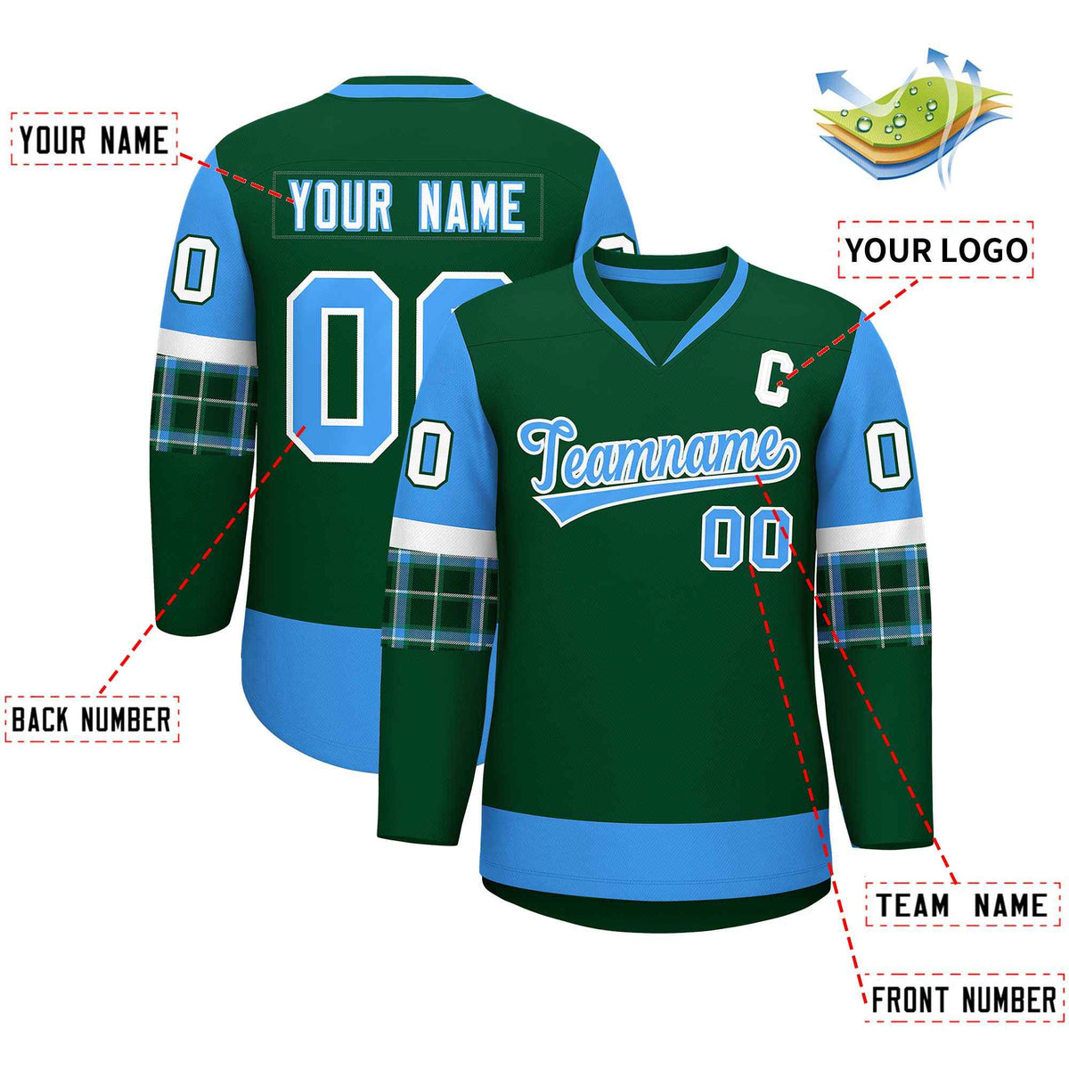 Custom Green Powder Blue-White Personalized Raglan Sleeves V-Neck Hockey Jersey | KXKSHOP
