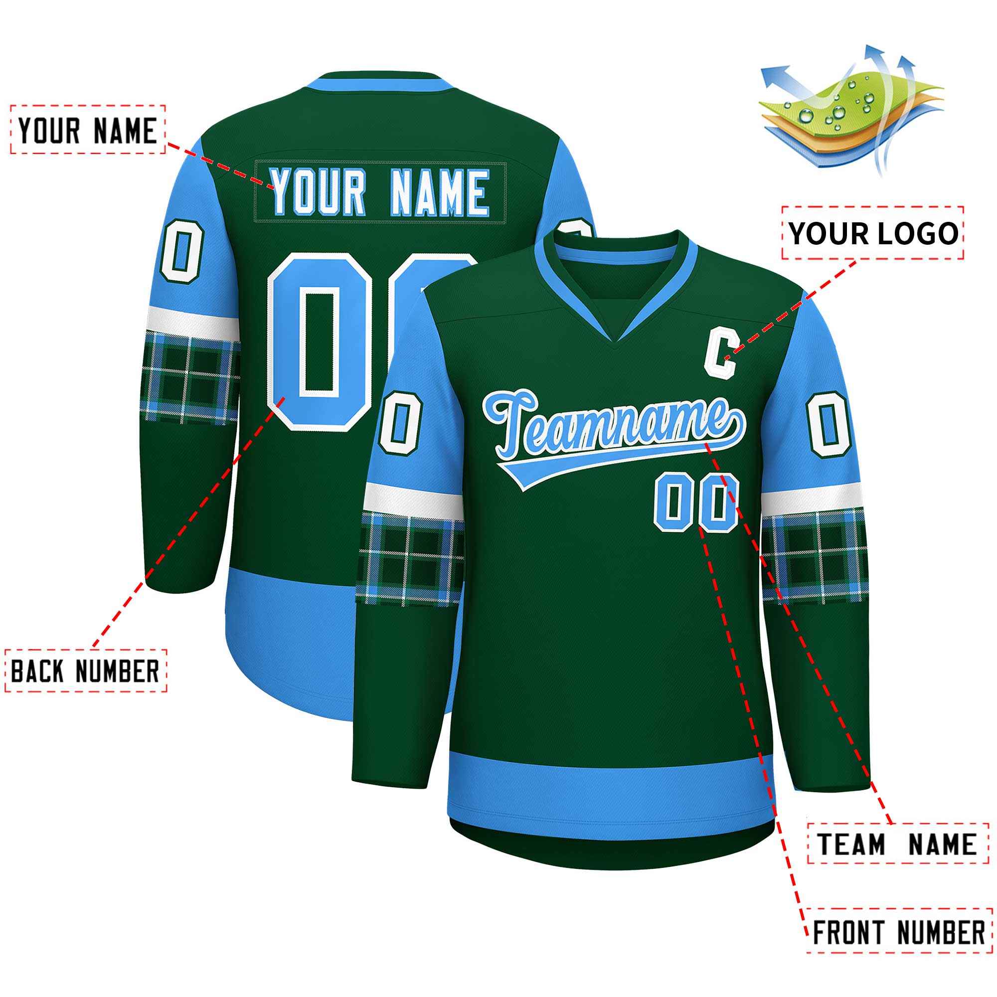 Custom Green Powder Blue-White Personalized Raglan Sleeves V-Neck Hockey Jersey | KXKSHOP