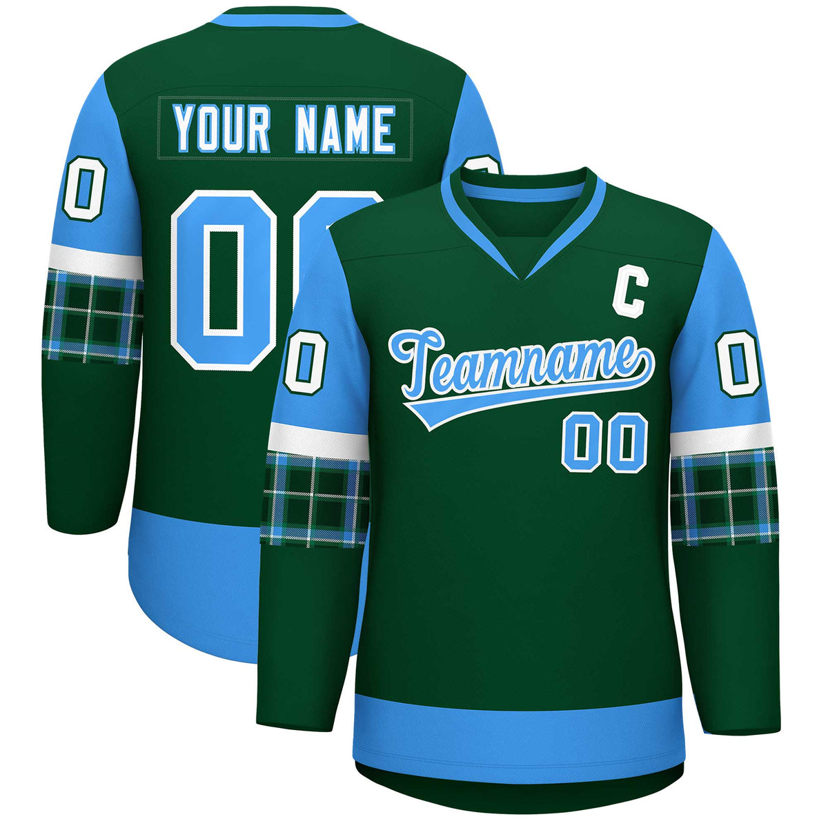 Custom Green Powder Blue-White Personalized Raglan Sleeves V-Neck Hockey Jersey | KXKSHOP