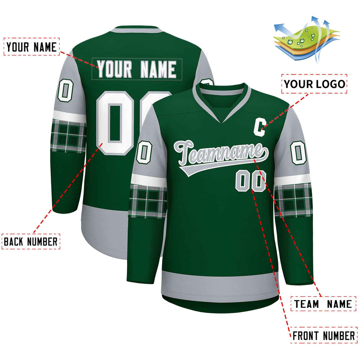 Custom Green Gray-White Personalized Raglan Sleeves V-Neck Hockey Jersey | KXKSHOP
