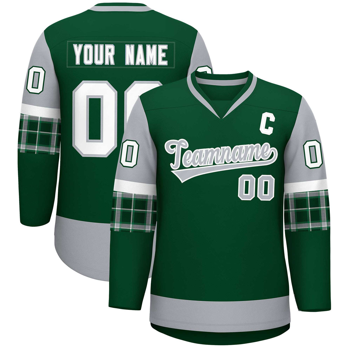 Custom Green Gray-White Personalized Raglan Sleeves V-Neck Hockey Jersey | KXKSHOP