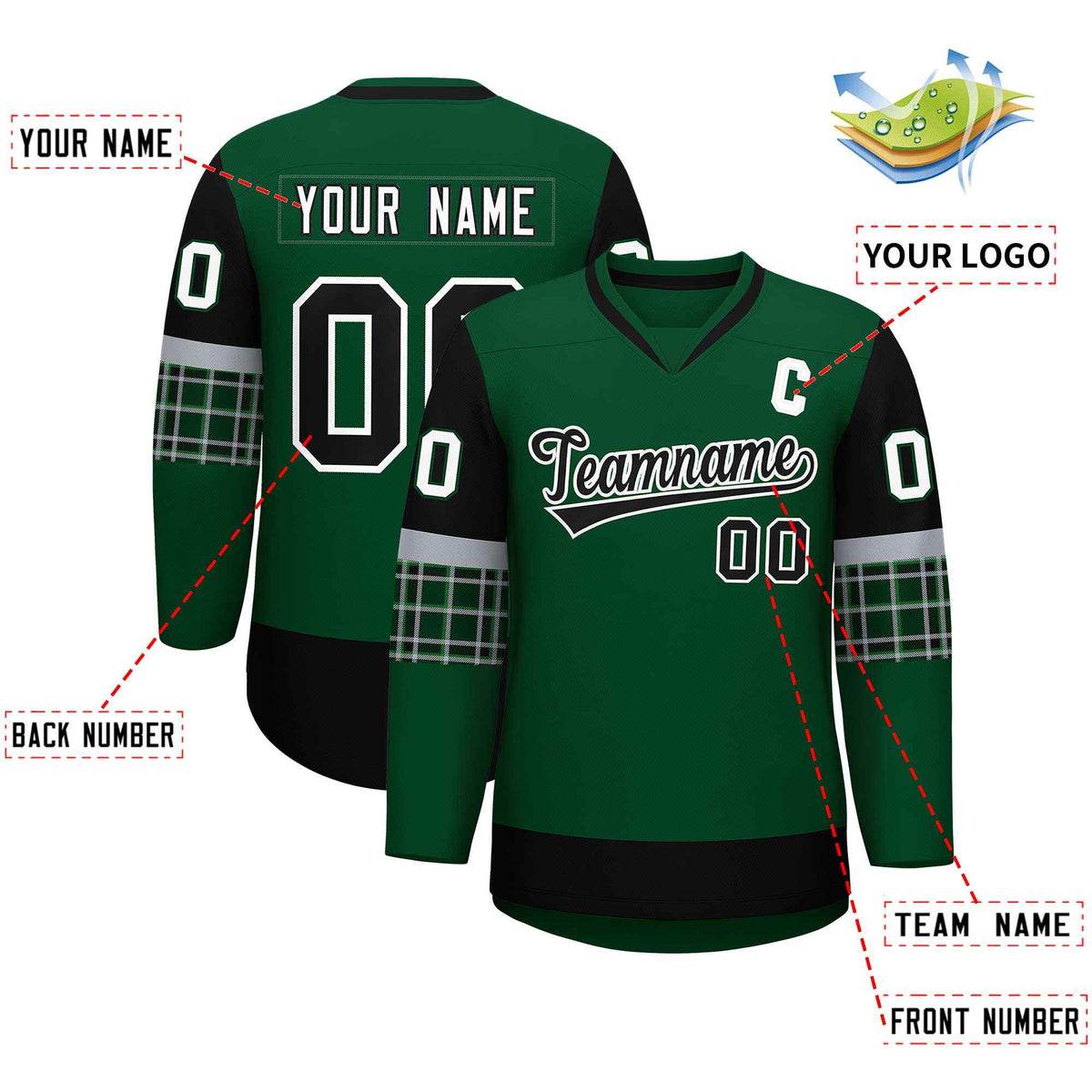 Custom Green Black-White Personalized Raglan Sleeves V-Neck Hockey Jersey | KXKSHOP