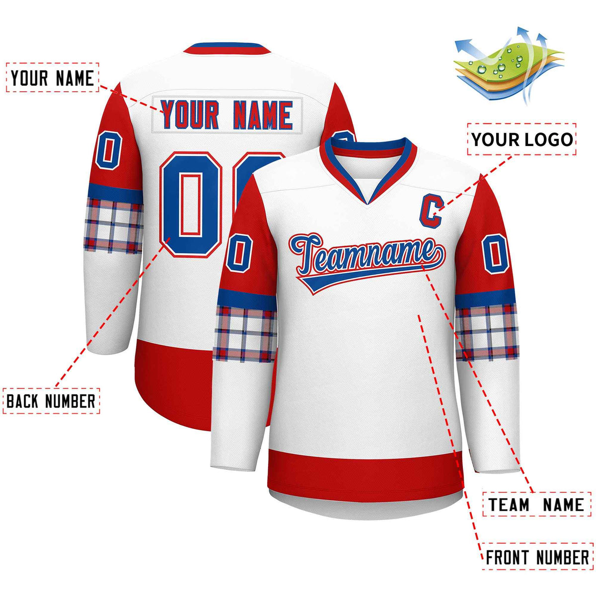 Custom White Red-Royal Personalized Raglan Sleeves V-Neck Hockey Jersey | KXKSHOP