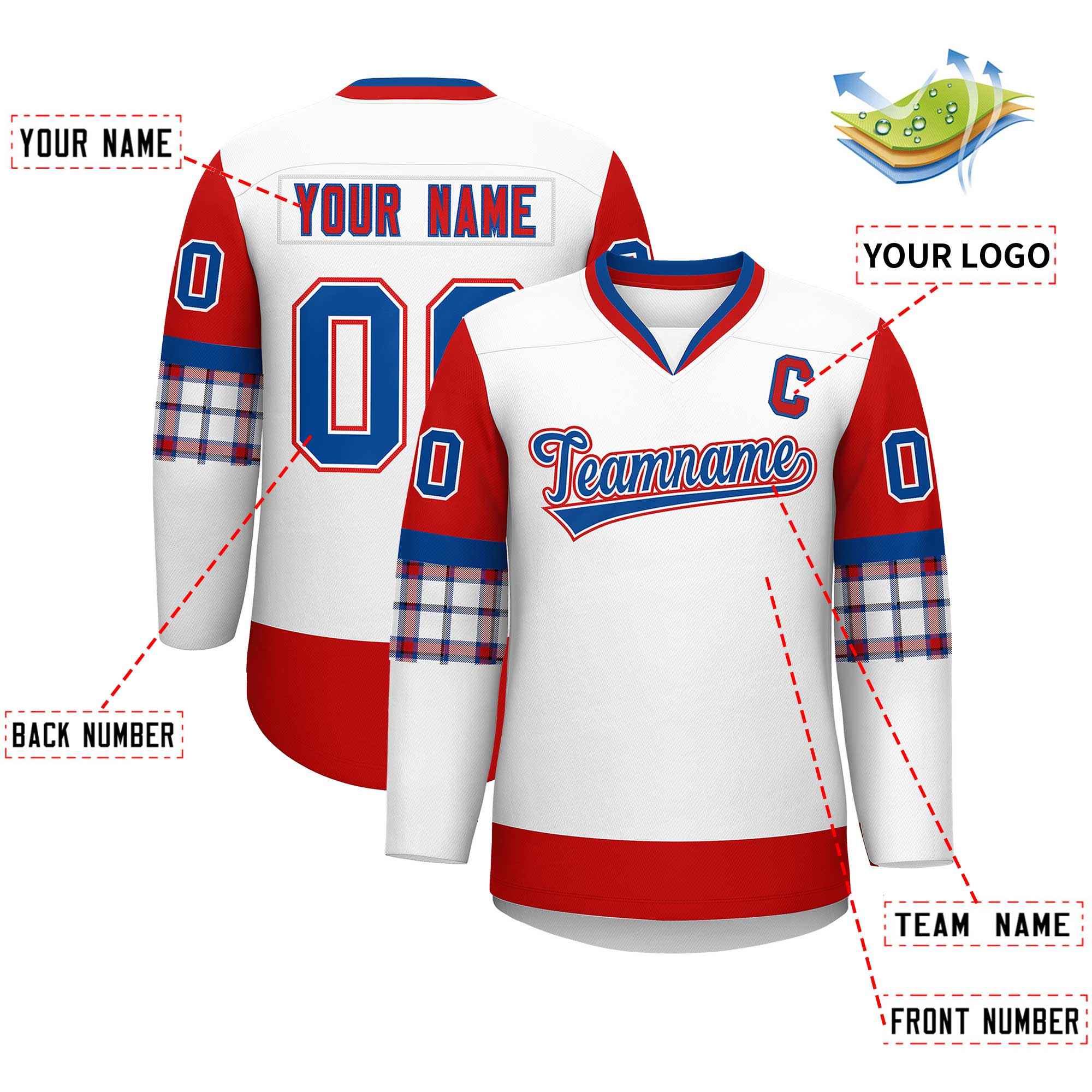 Custom White Red-Royal Personalized Raglan Sleeves V-Neck Hockey Jersey | KXKSHOP