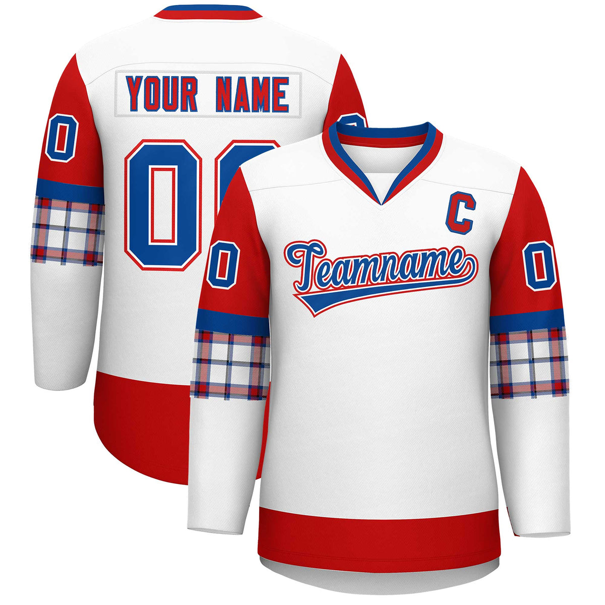 Custom White Red-Royal Personalized Raglan Sleeves V-Neck Hockey Jersey | KXKSHOP