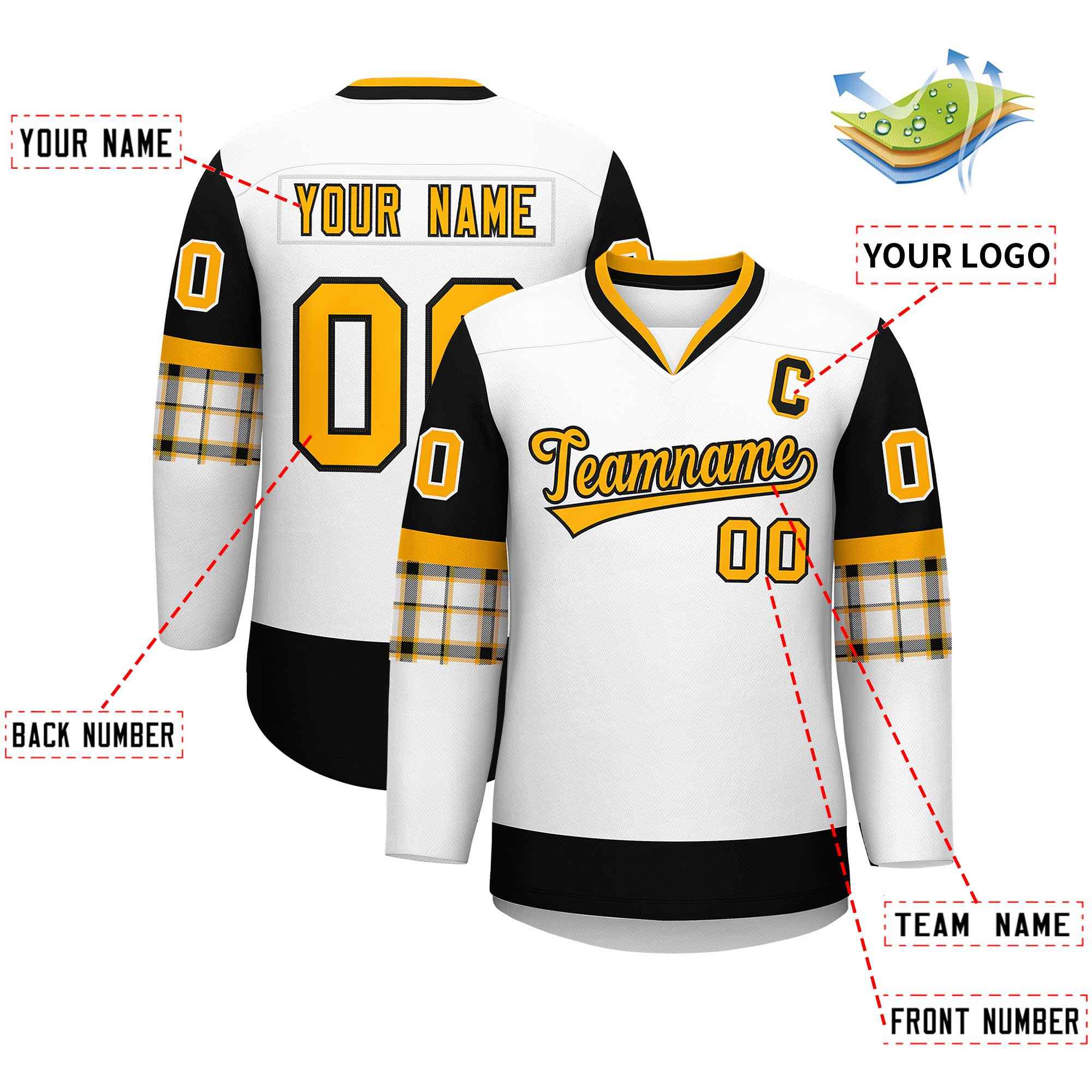 Custom White Black-Yellow Personalized Raglan Sleeves V-Neck Hockey Jersey | KXKSHOP