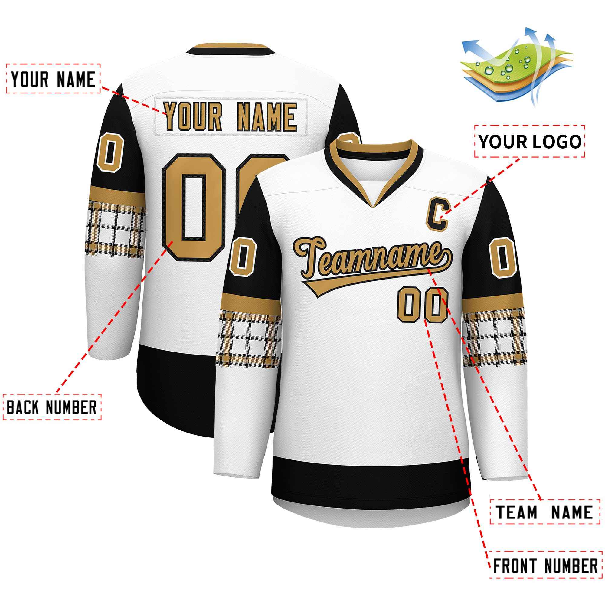 Custom White Black-Old Gold Personalized Raglan Sleeves V-Neck Hockey Jersey | KXKSHOP