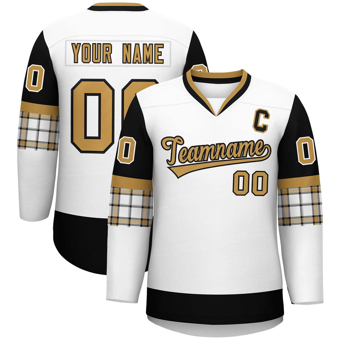 Custom White Black-Old Gold Personalized Raglan Sleeves V-Neck Hockey Jersey | KXKSHOP