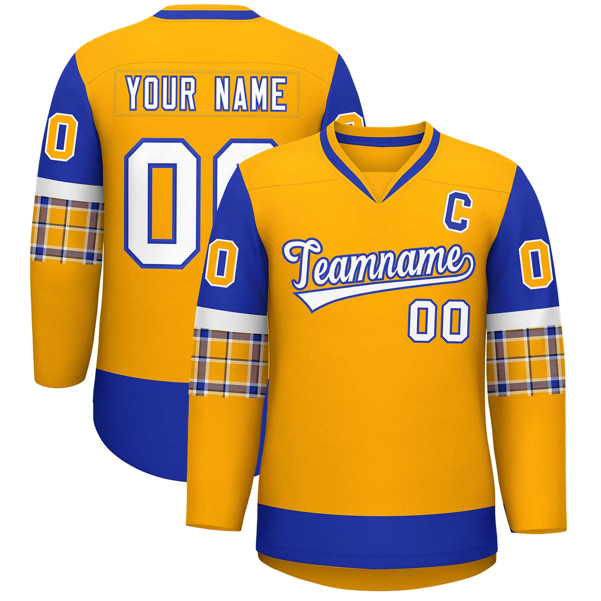Custom Yellow Royal-White Personalized Raglan Sleeves V-Neck Hockey Jersey | KXKSHOP