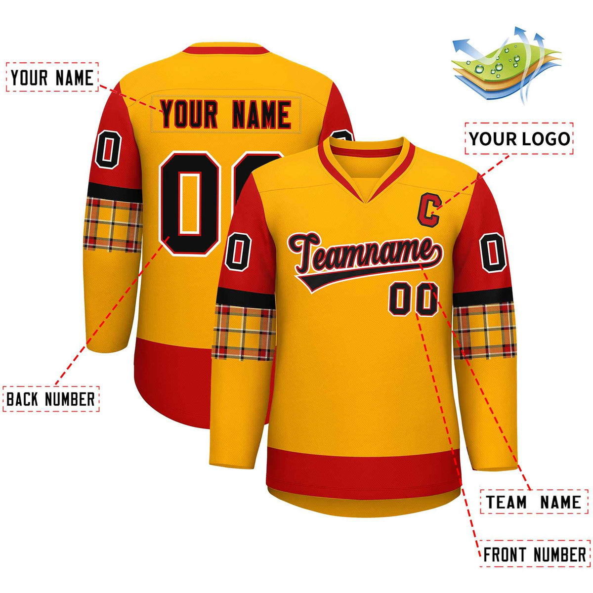 Custom Yellow Red-Black Personalized Raglan Sleeves V-Neck Hockey Jersey | KXKSHOP