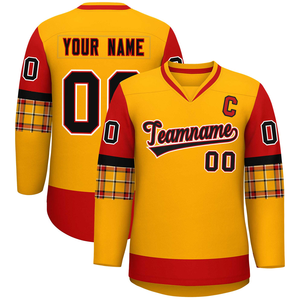 Custom Yellow Red-Black Personalized Raglan Sleeves V-Neck Hockey Jersey | KXKSHOP