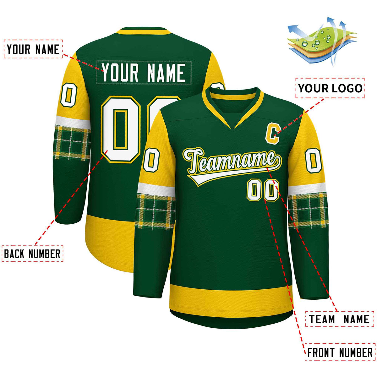 Custom Green Gold-White Personalized Raglan Sleeves V-Neck Hockey Jersey | KXKSHOP