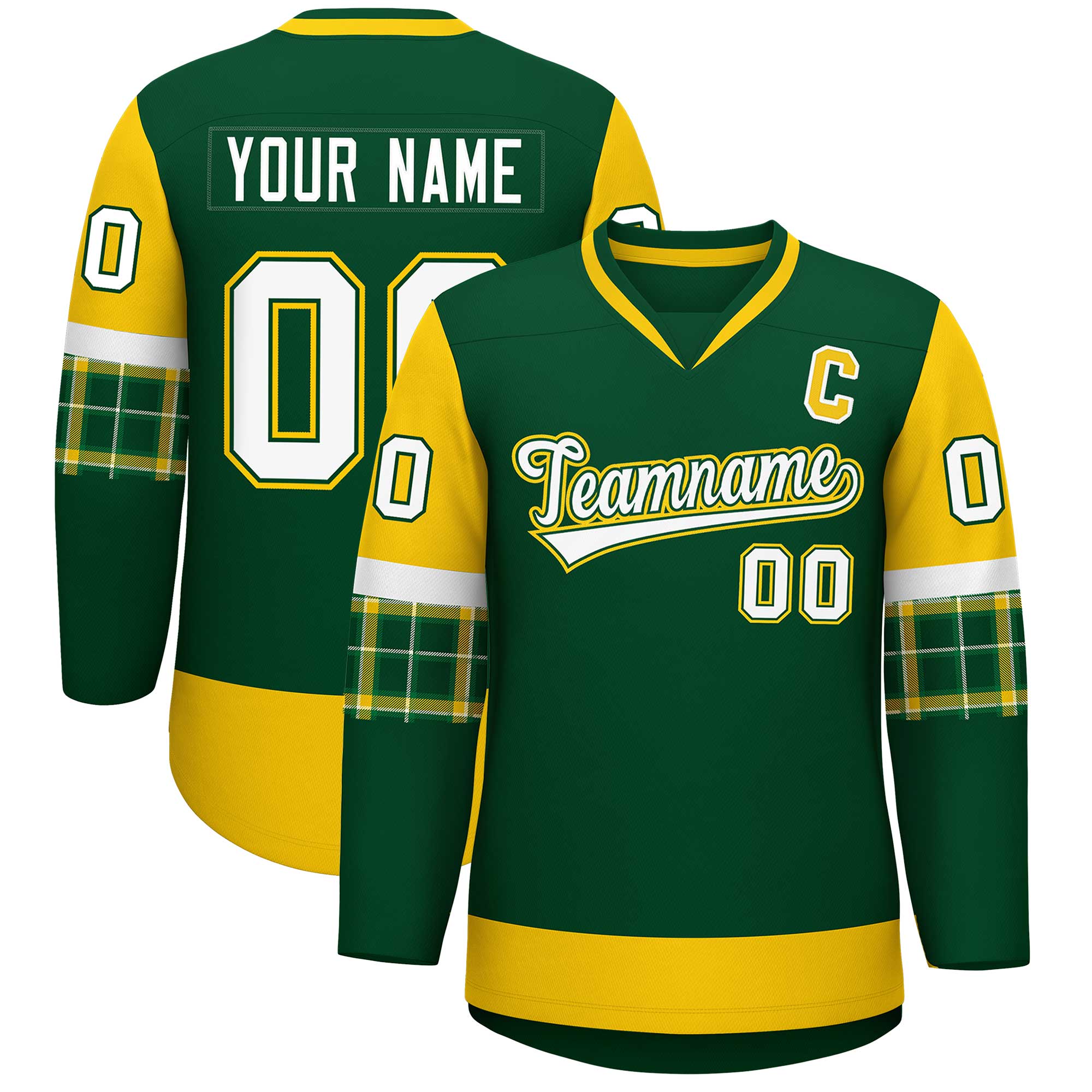 Custom Green Gold-White Personalized Raglan Sleeves V-Neck Hockey Jersey | KXKSHOP