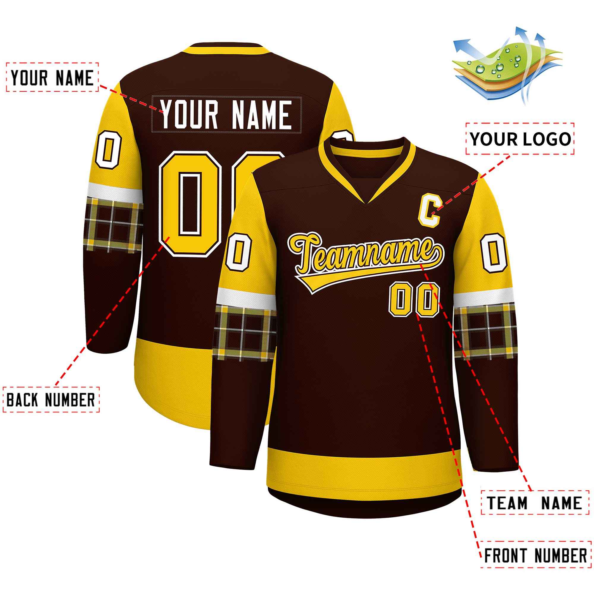 Custom Brown Gold-White Personalized Raglan Sleeves V-Neck Hockey Jersey | KXKSHOP