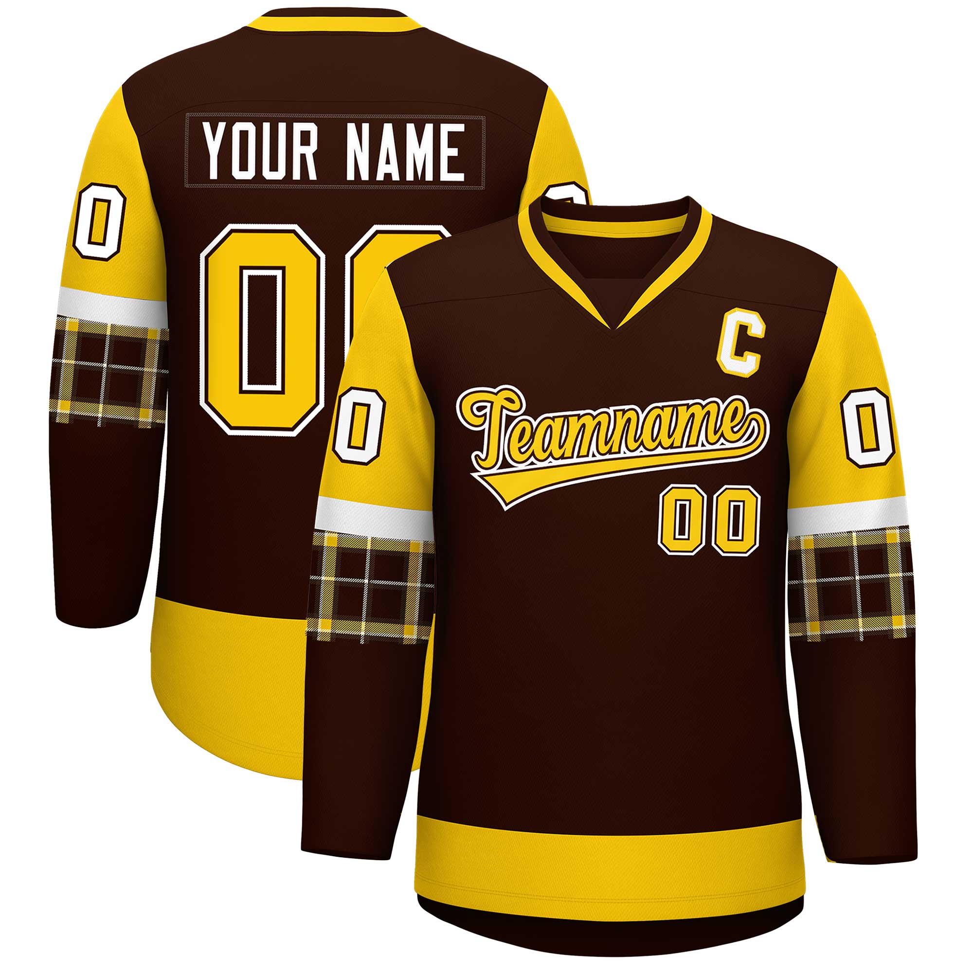 Custom Brown Gold-White Personalized Raglan Sleeves V-Neck Hockey Jersey | KXKSHOP