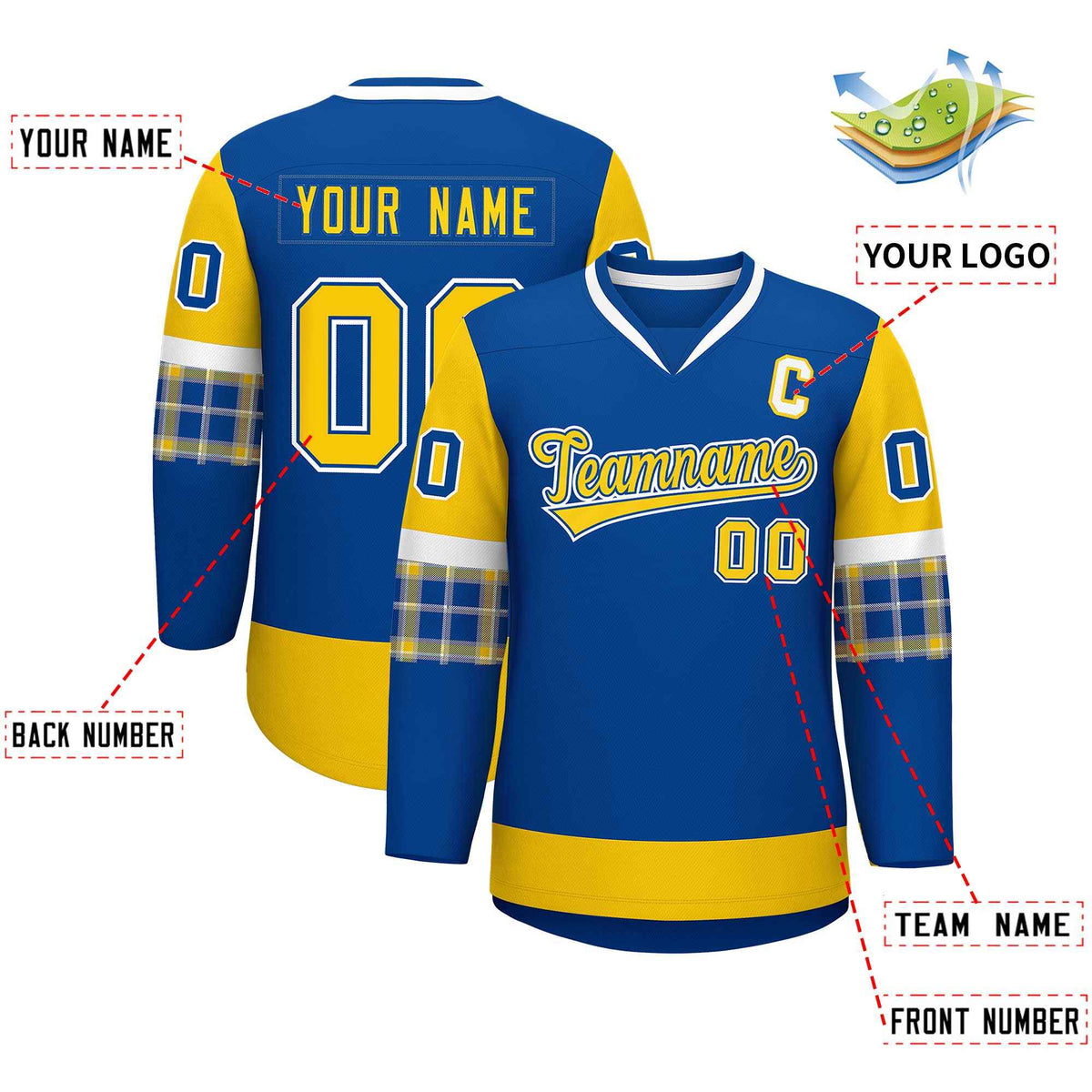 Custom Royal Gold-White Personalized Raglan Sleeves V-Neck Hockey Jersey | KXKSHOP