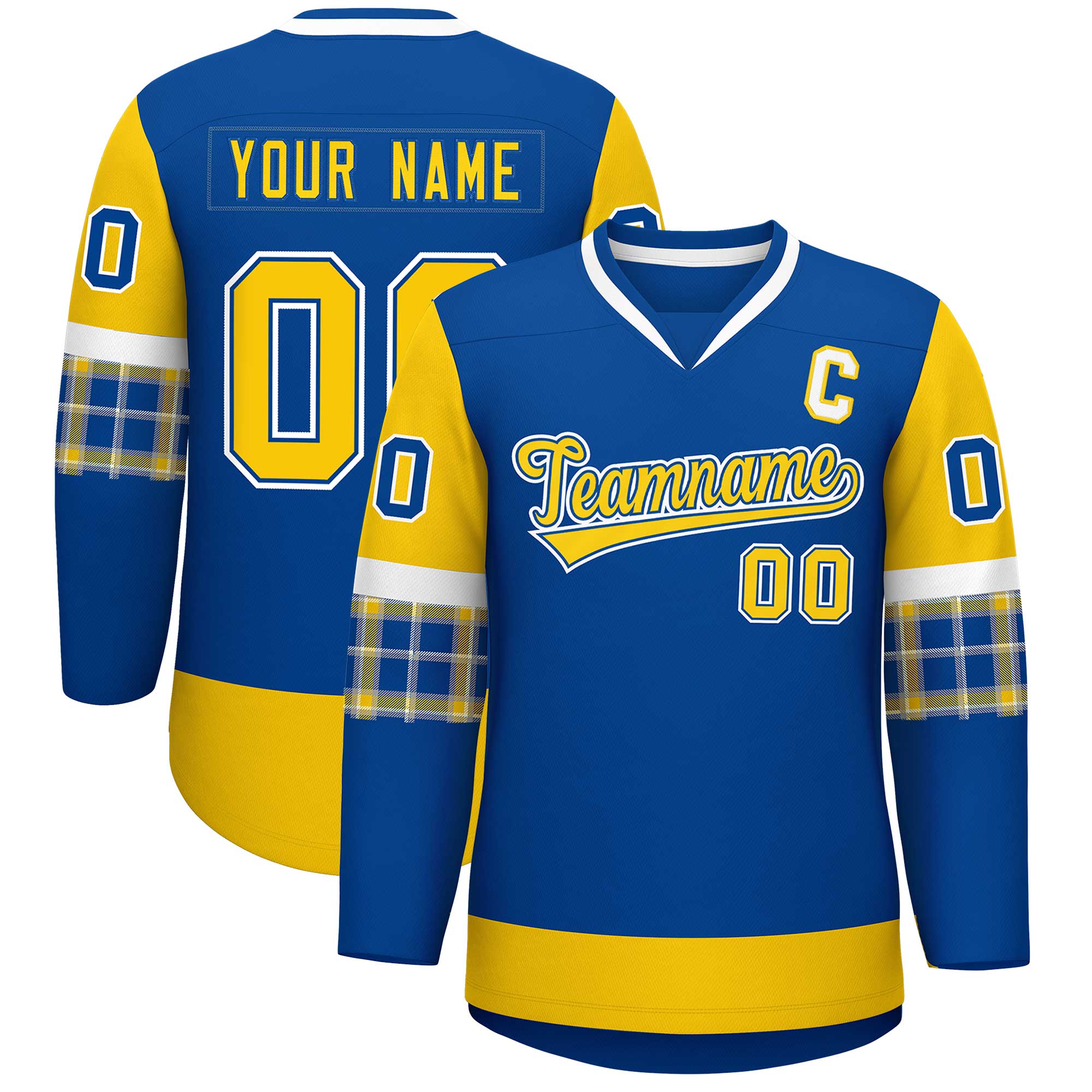 Custom Royal Gold-White Personalized Raglan Sleeves V-Neck Hockey Jersey | KXKSHOP
