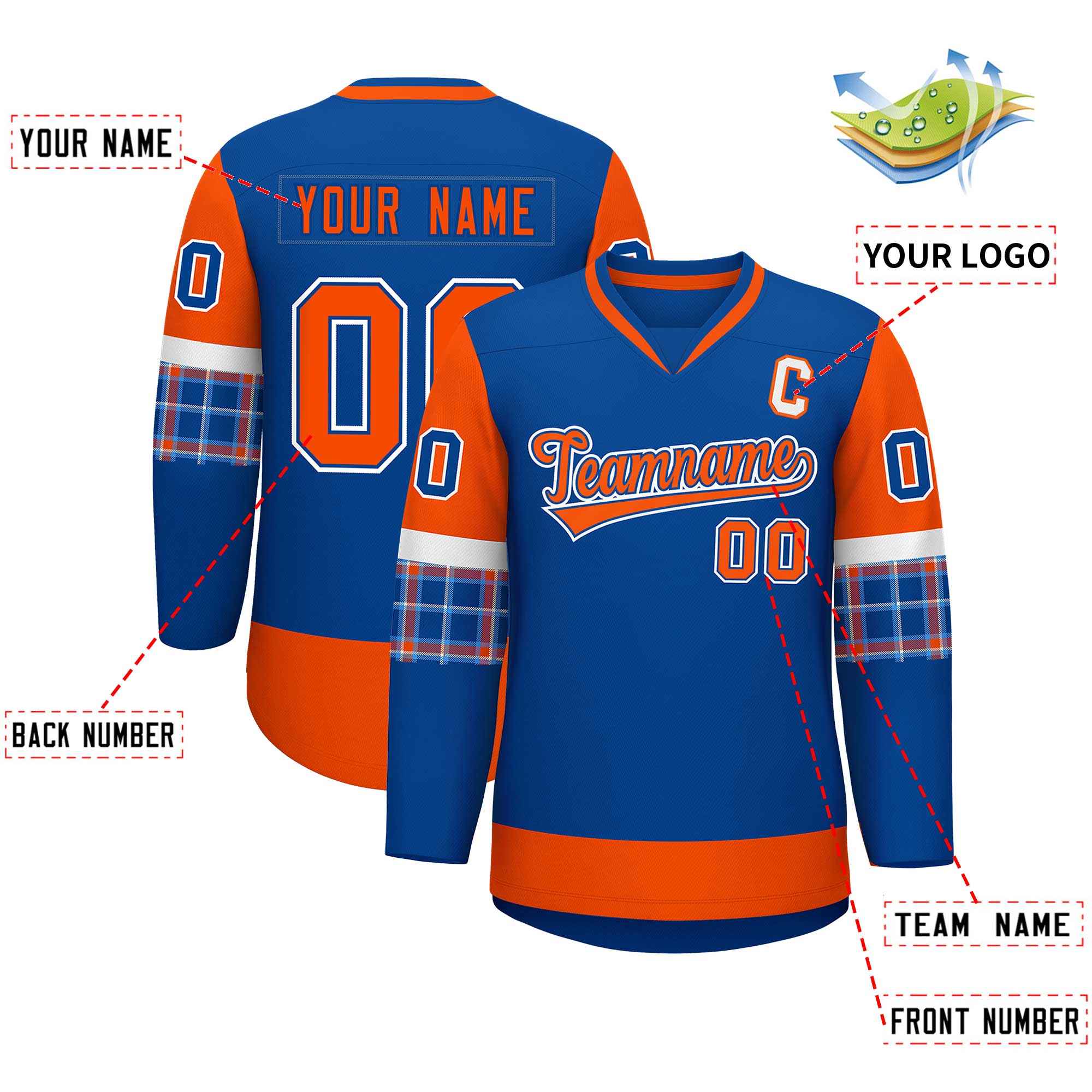 Custom Royal Orange-White Personalized Raglan Sleeves V-Neck Hockey Jersey | KXKSHOP