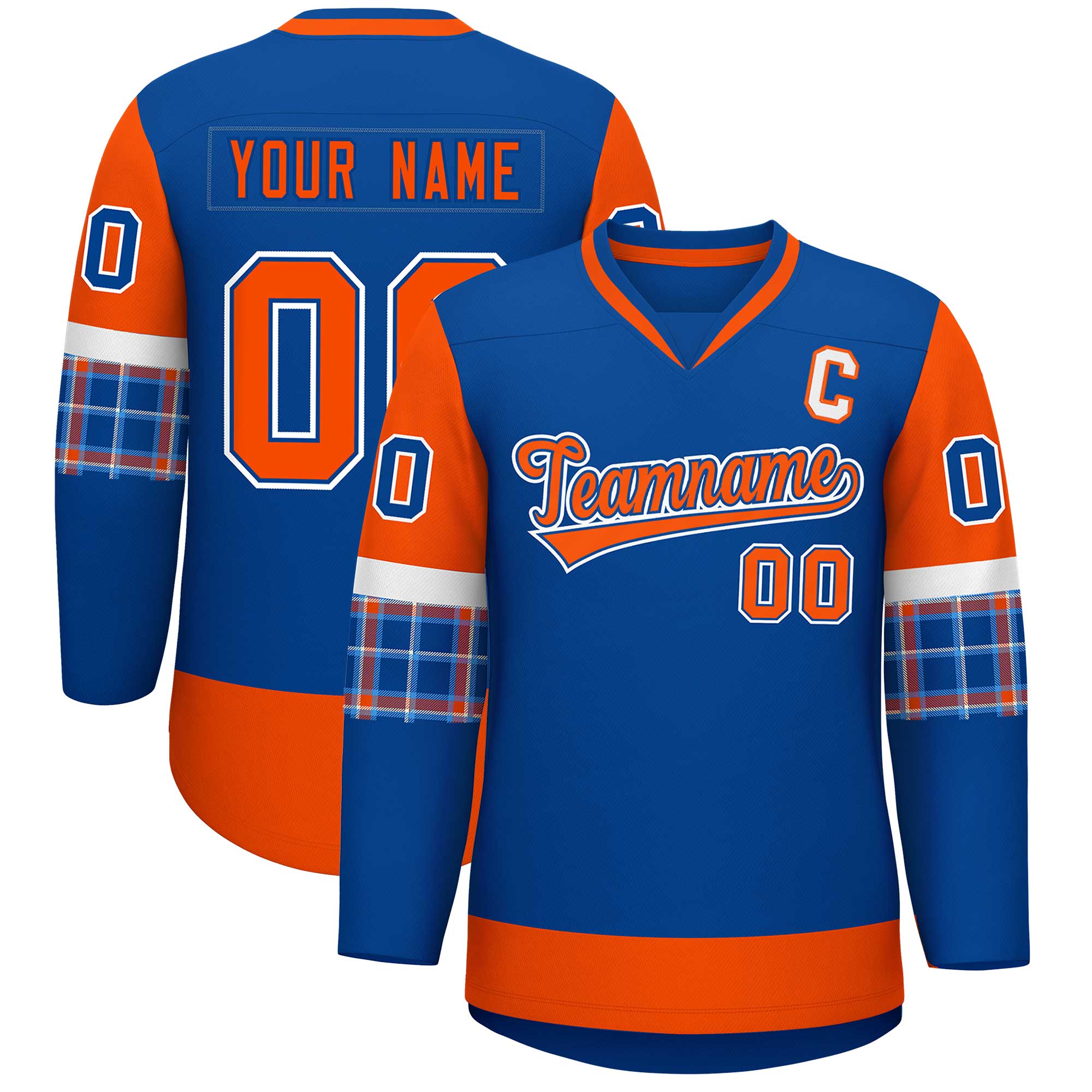 Custom Royal Orange-White Personalized Raglan Sleeves V-Neck Hockey Jersey | KXKSHOP