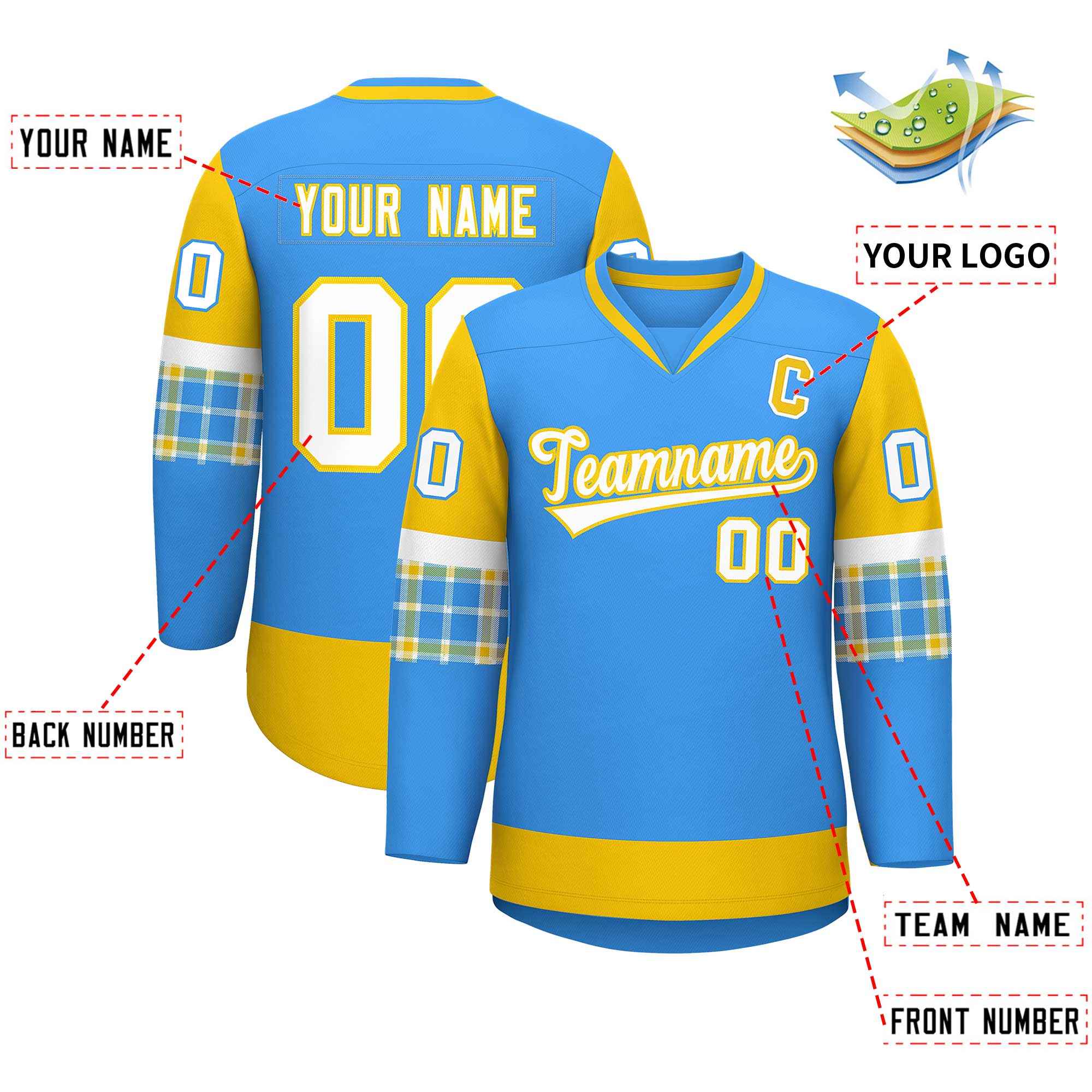 Custom Powder Blue Gold-White Personalized Raglan Sleeves V-Neck Hockey Jersey | KXKSHOP