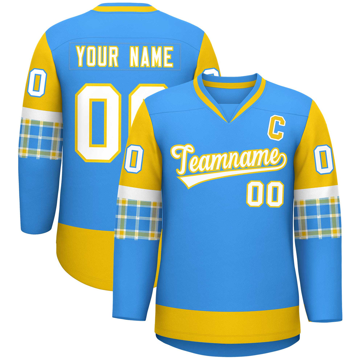 Custom Powder Blue Gold-White Personalized Raglan Sleeves V-Neck Hockey Jersey | KXKSHOP
