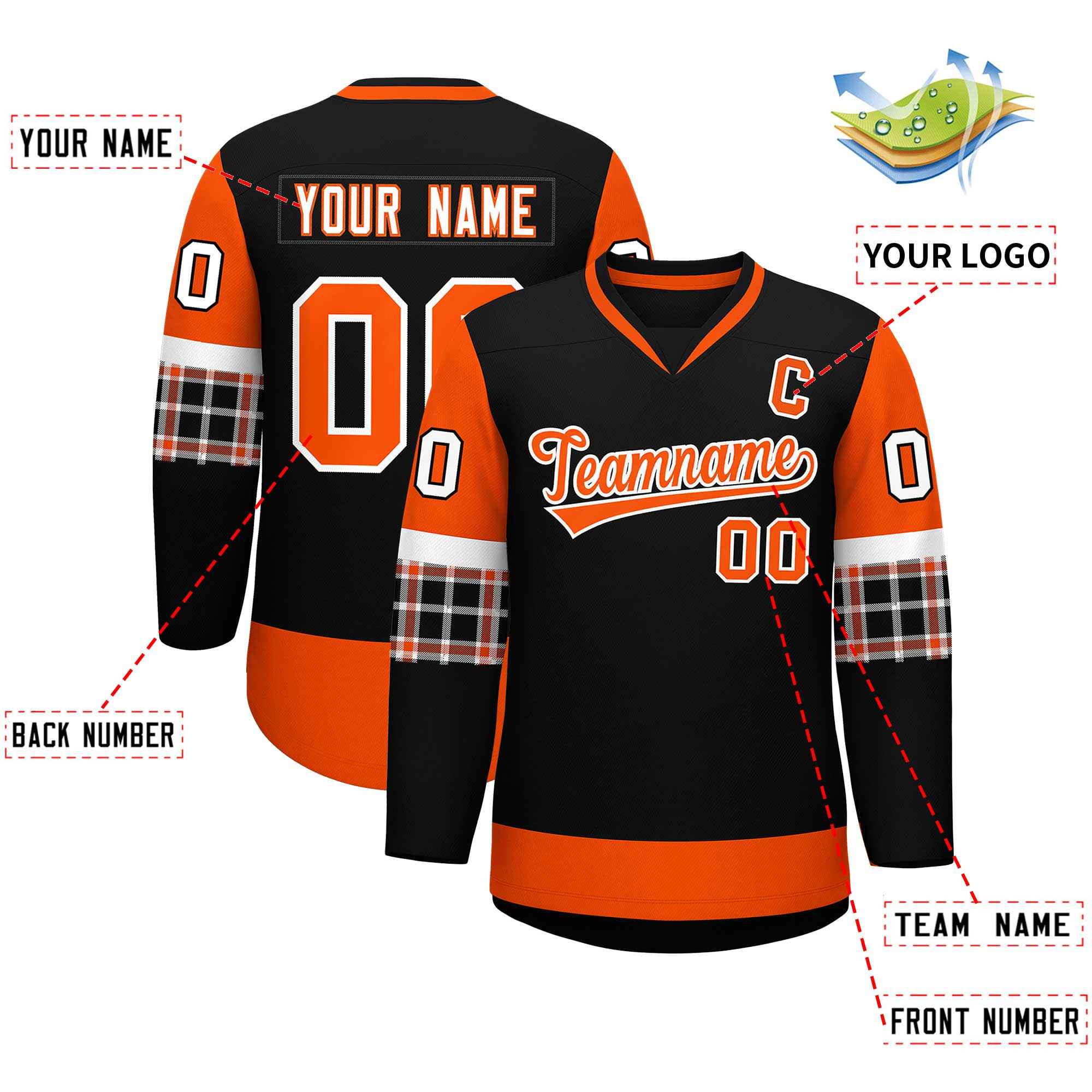 Custom Black Orange-White Personalized Raglan Sleeves V-Neck Hockey Jersey | KXKSHOP