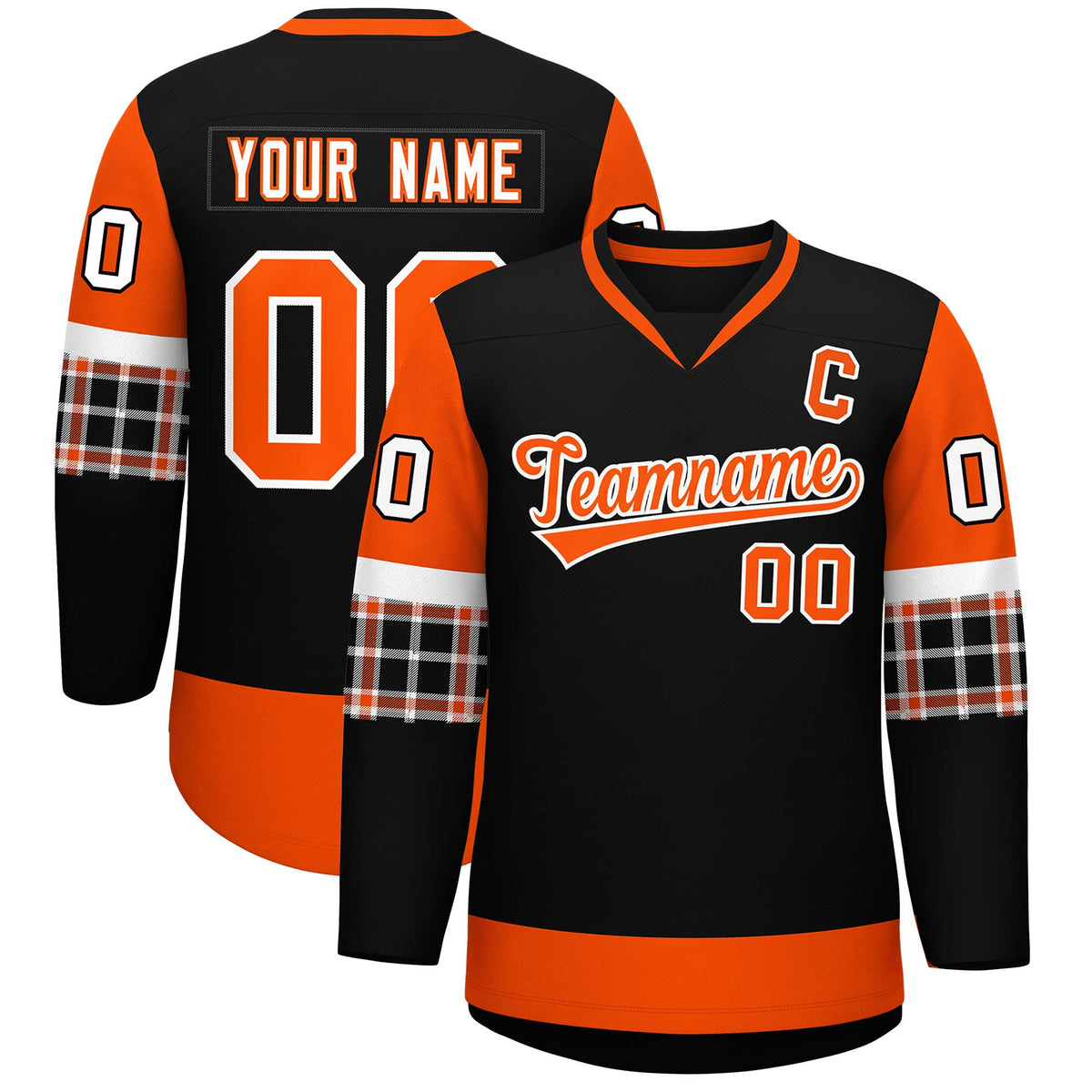 Custom Black Orange-White Personalized Raglan Sleeves V-Neck Hockey Jersey | KXKSHOP