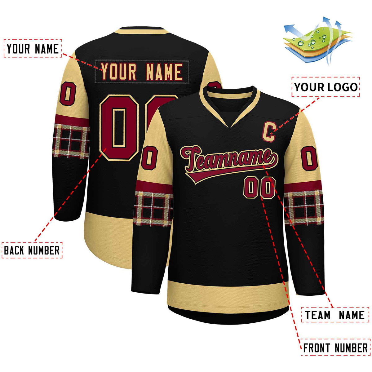 Custom Black Khaki-Crimson Personalized Raglan Sleeves V-Neck Hockey Jersey | KXKSHOP
