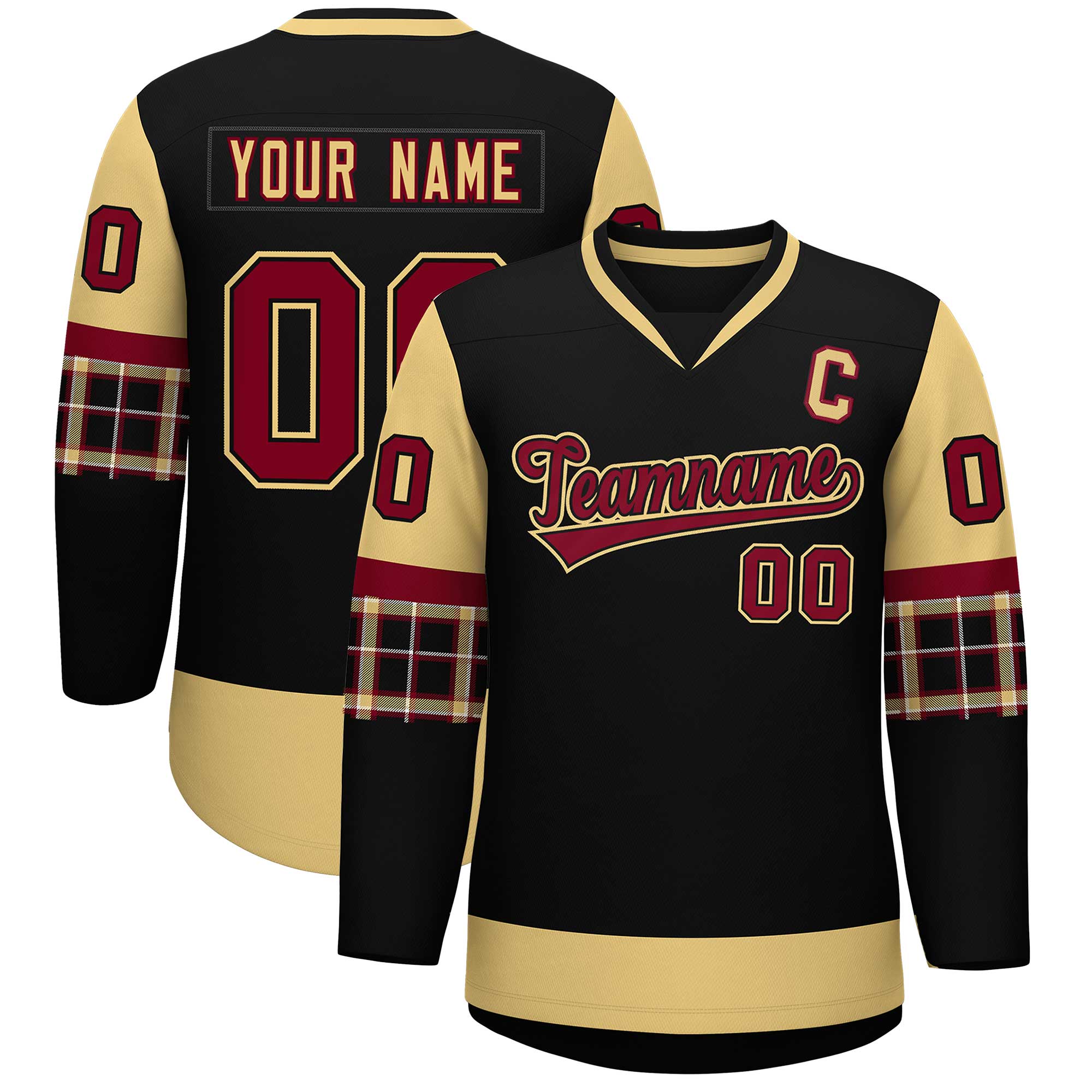 Custom Black Khaki-Crimson Personalized Raglan Sleeves V-Neck Hockey Jersey | KXKSHOP