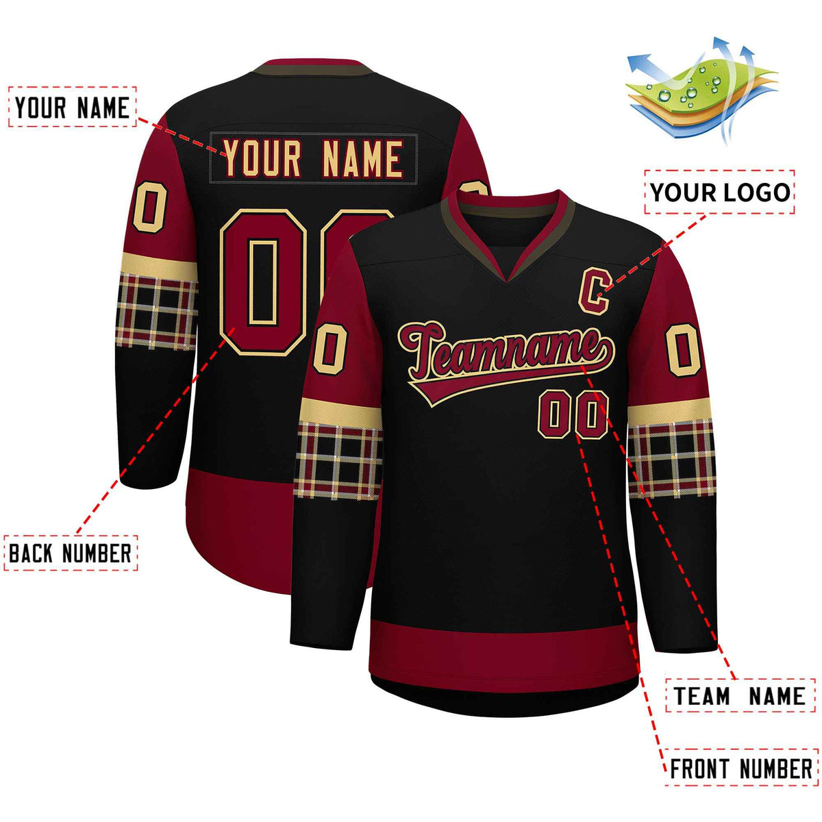 Custom Black Crimson-Khaki Personalized Raglan Sleeves V-Neck Hockey Jersey | KXKSHOP
