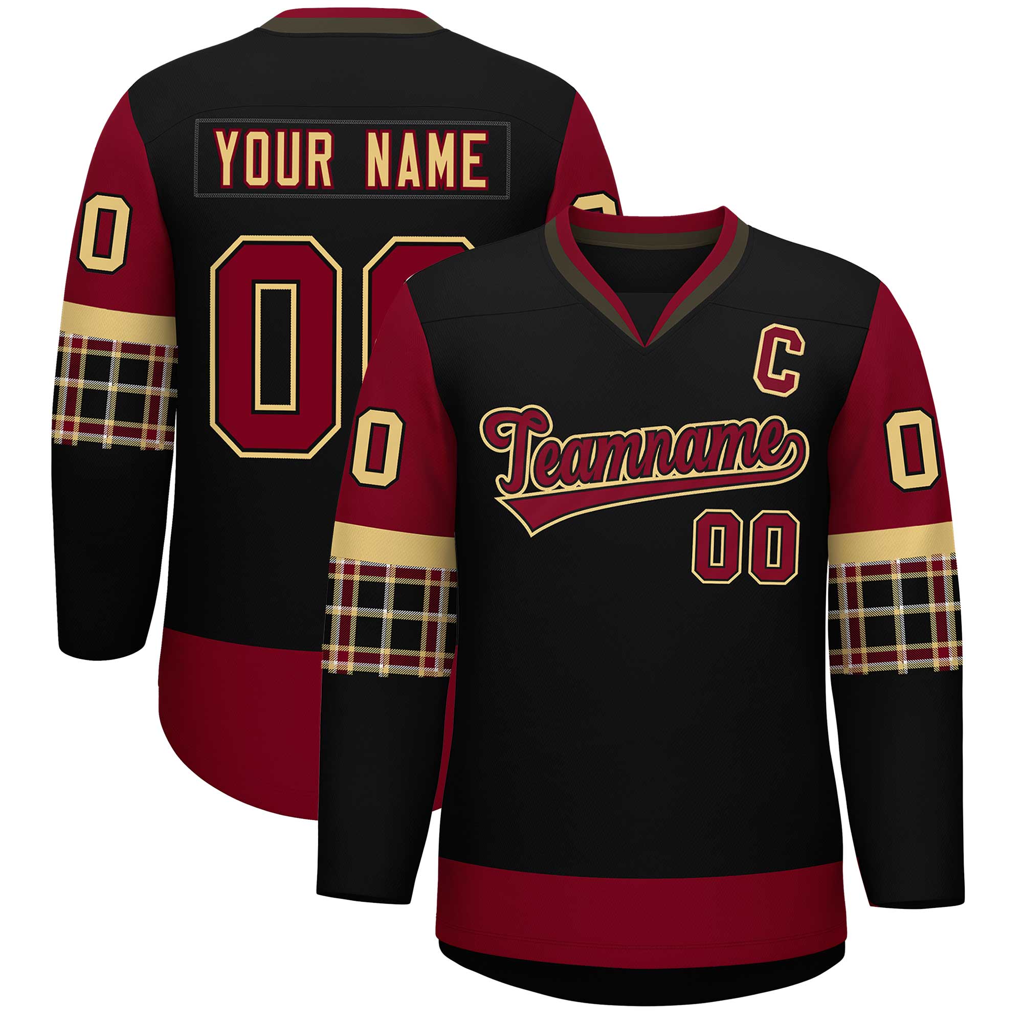 Custom Black Crimson-Khaki Personalized Raglan Sleeves V-Neck Hockey Jersey | KXKSHOP