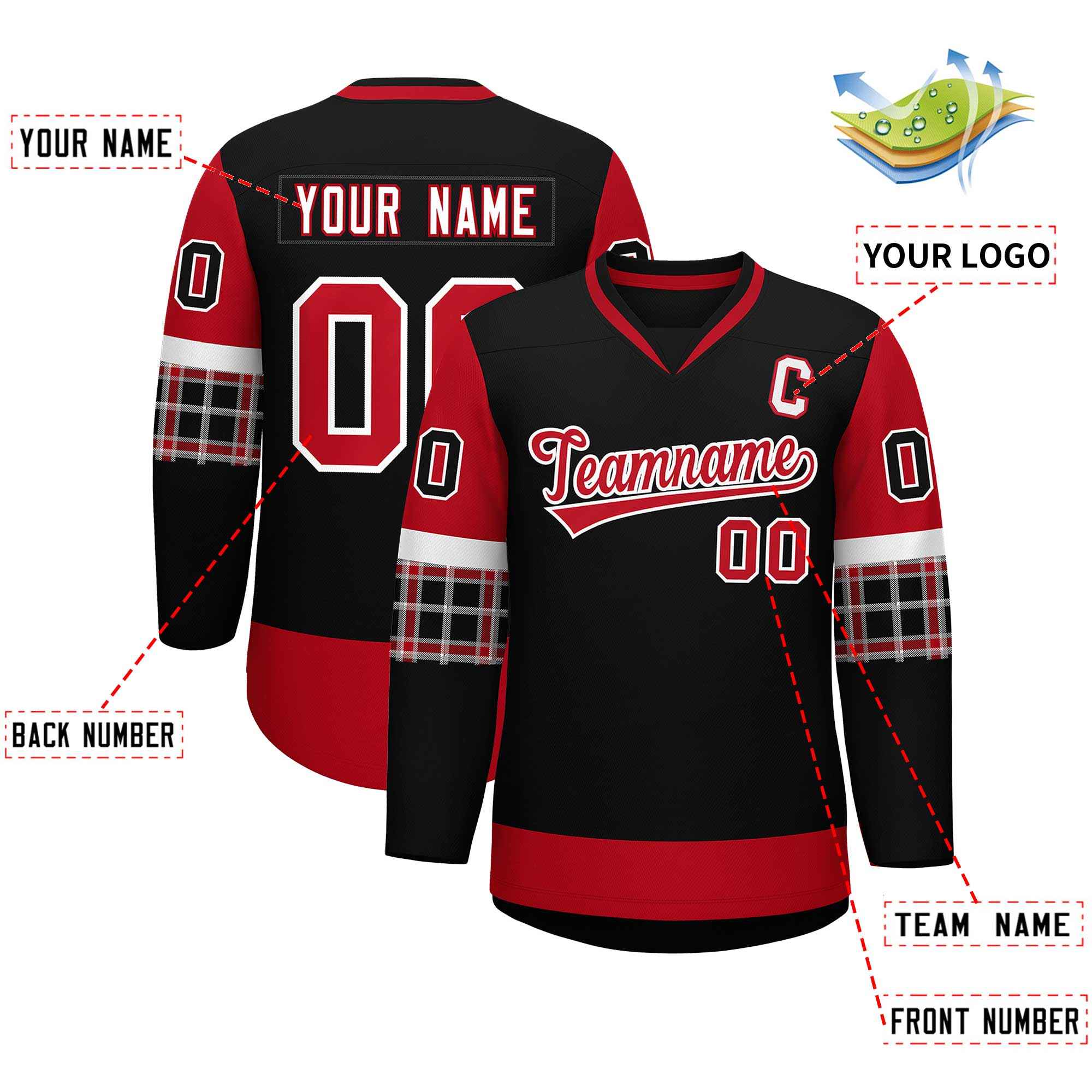 Custom Black Red-White Personalized Raglan Sleeves V-Neck Hockey Jersey | KXKSHOP