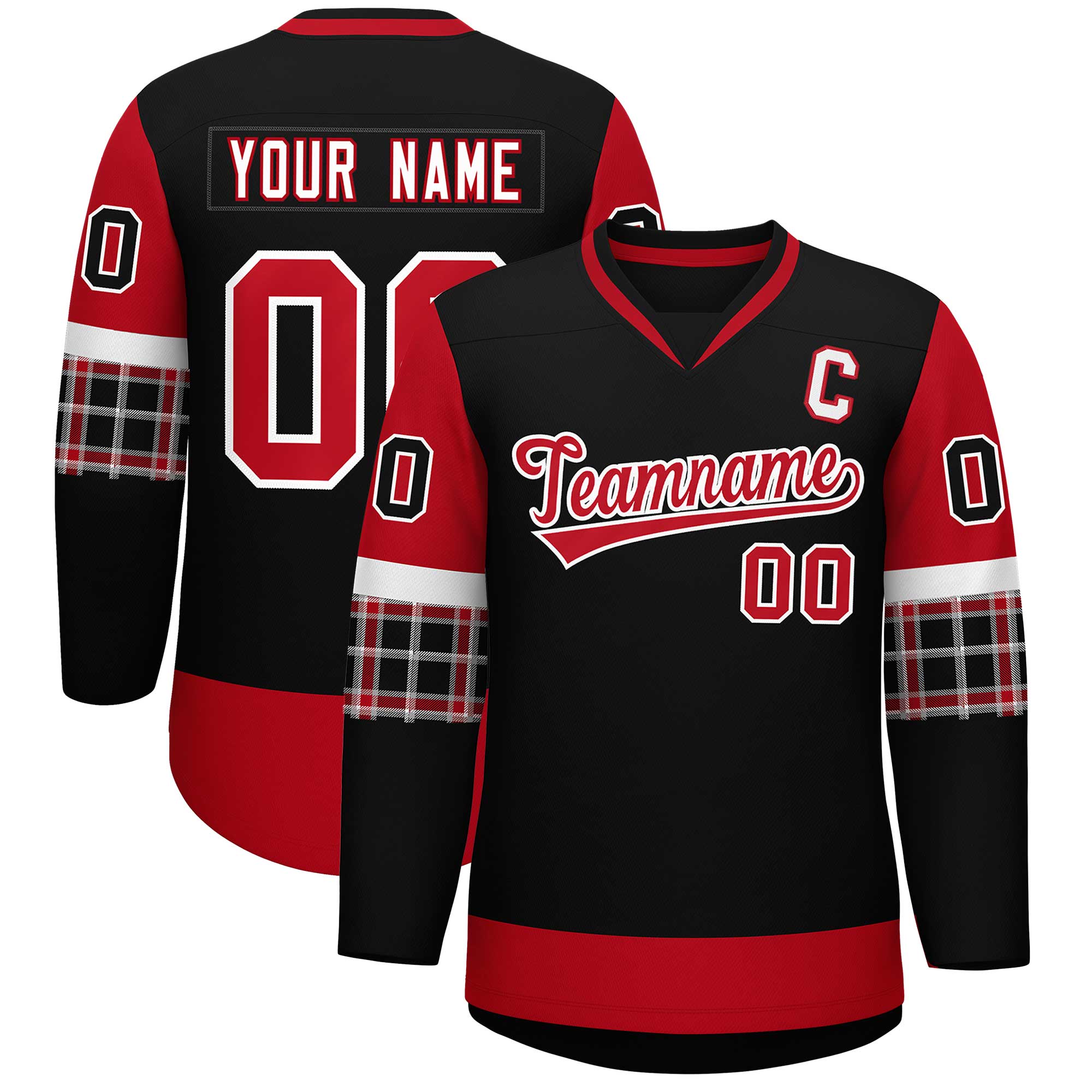 Custom Black Red-White Personalized Raglan Sleeves V-Neck Hockey Jersey | KXKSHOP
