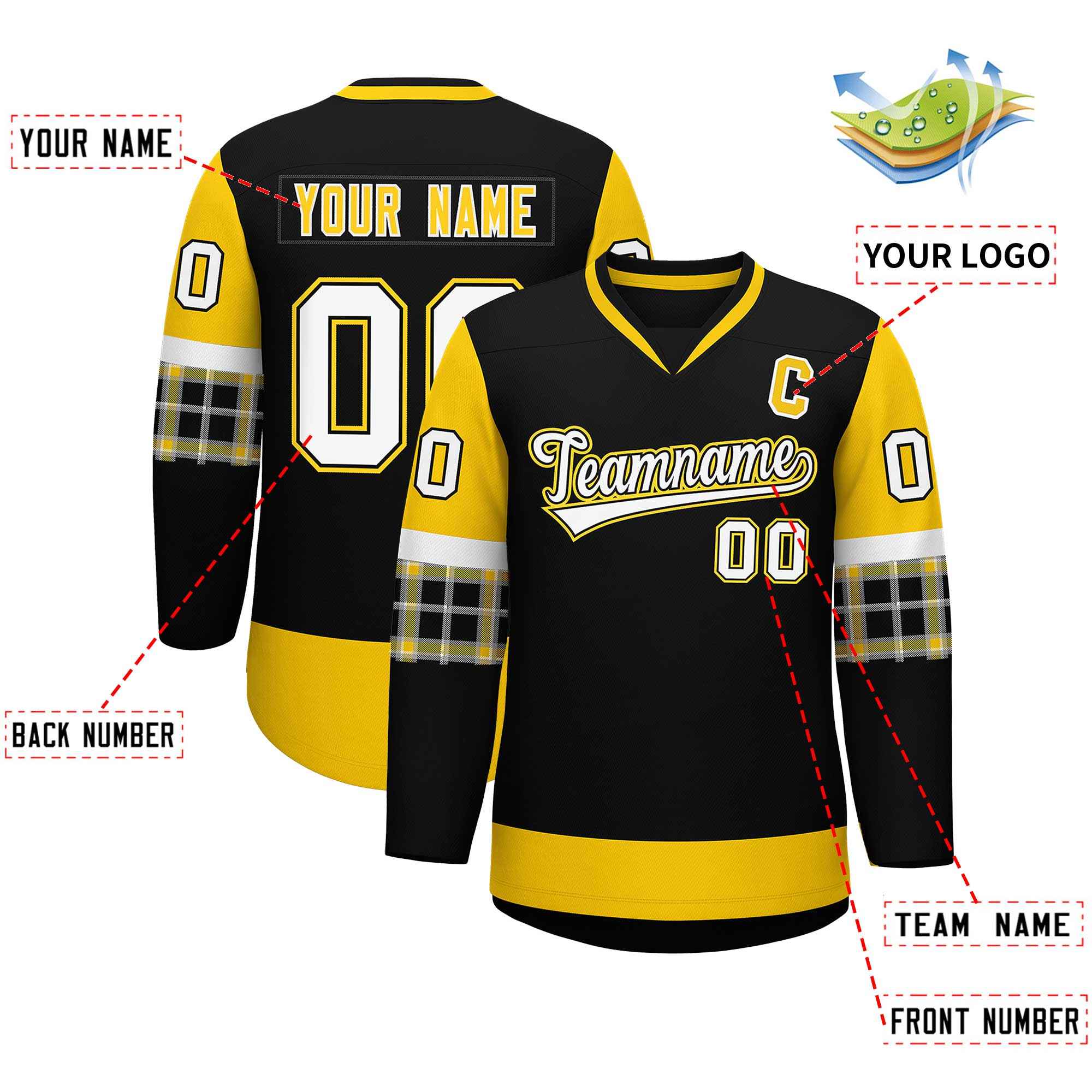 Custom Black Gold-White Personalized Raglan Sleeves V-Neck Hockey Jersey | KXKSHOP
