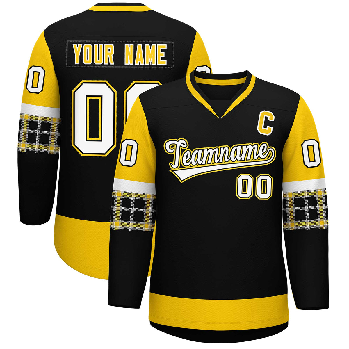 Custom Black Gold-White Personalized Raglan Sleeves V-Neck Hockey Jersey | KXKSHOP