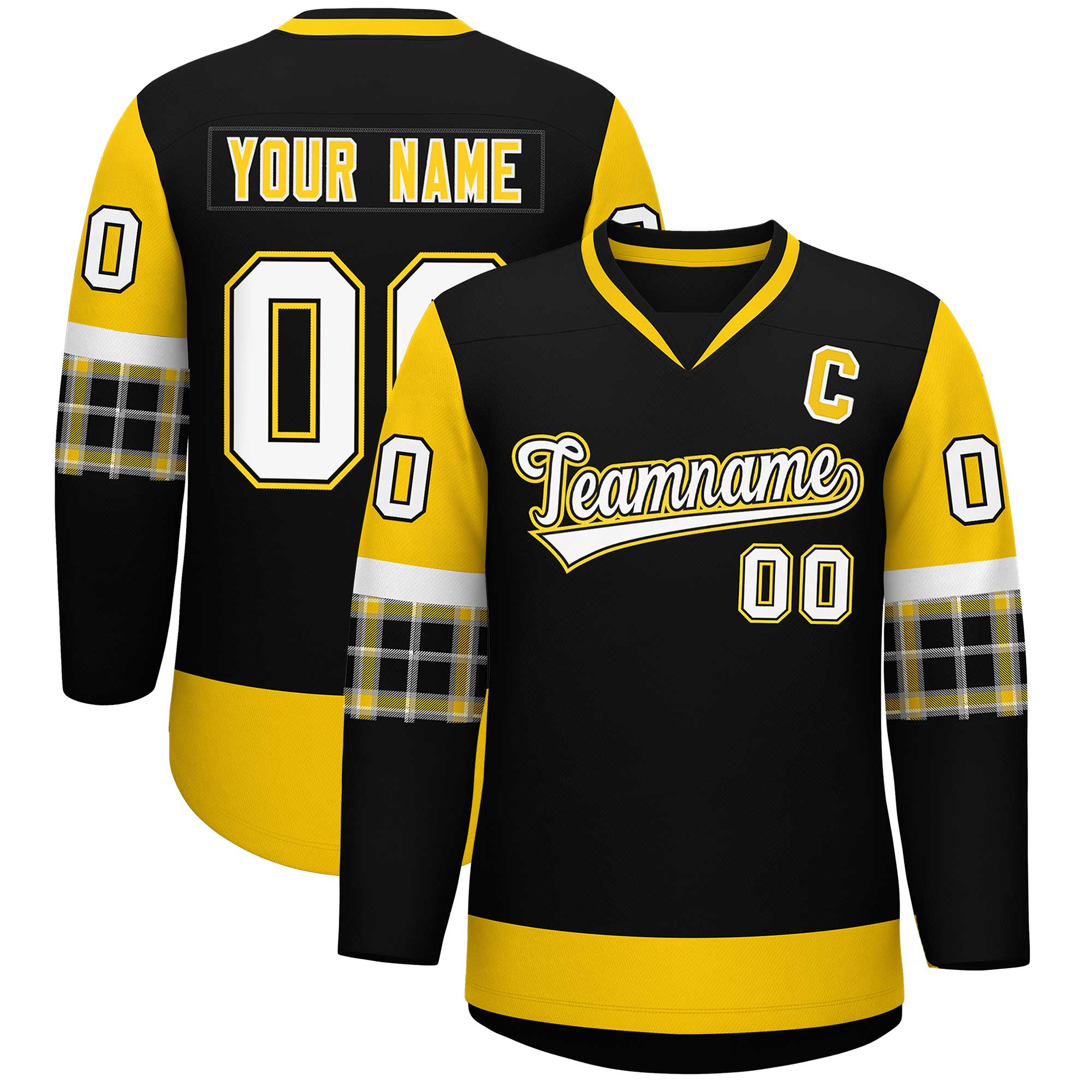 Custom Black Gold-White Personalized Raglan Sleeves V-Neck Hockey Jersey | KXKSHOP